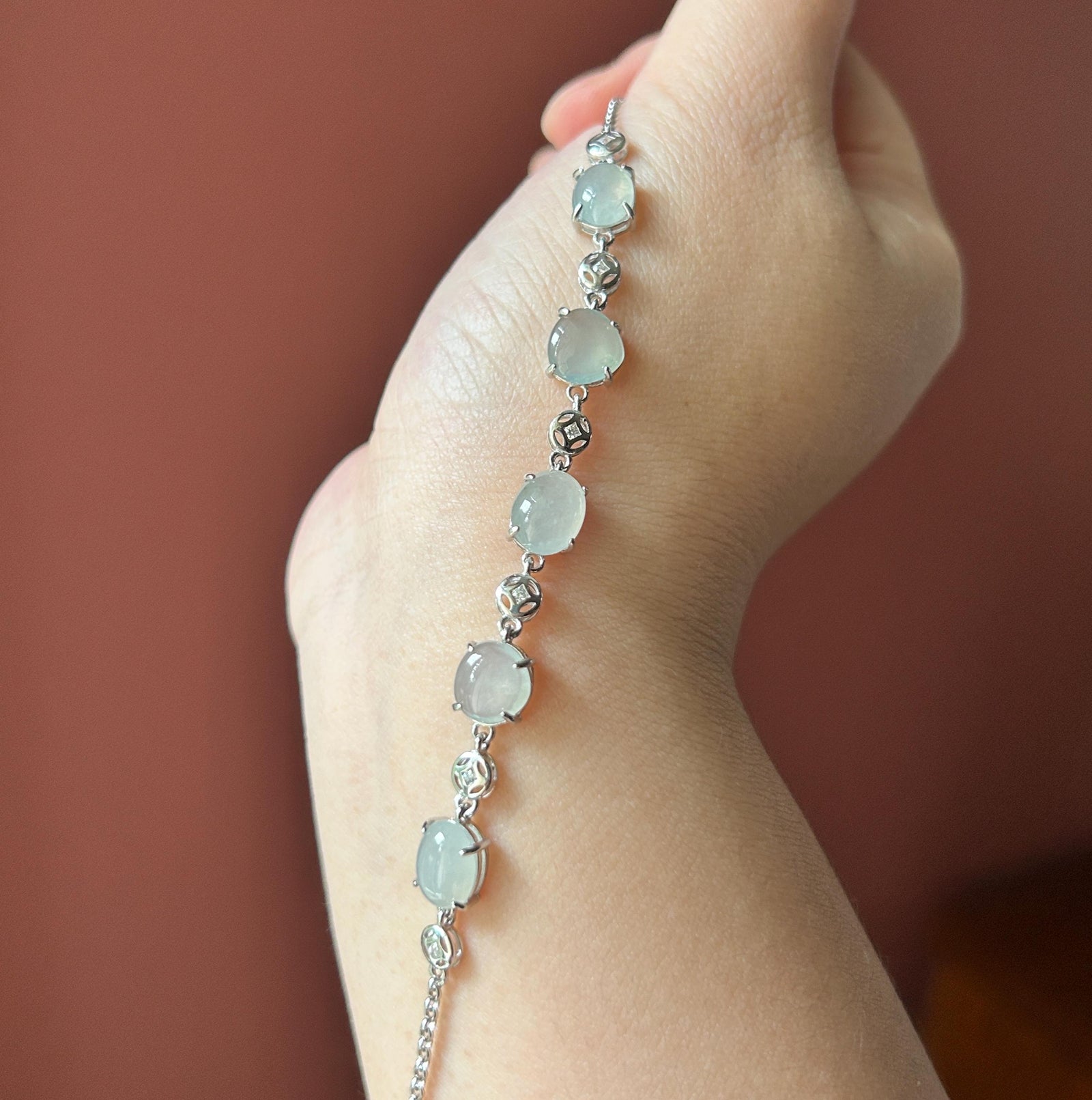 Natural Jadeite Cabochon Bracelet, Burmese Type A Translucent Icy White Jade in 925 Sterling Silver, Adjustable Length