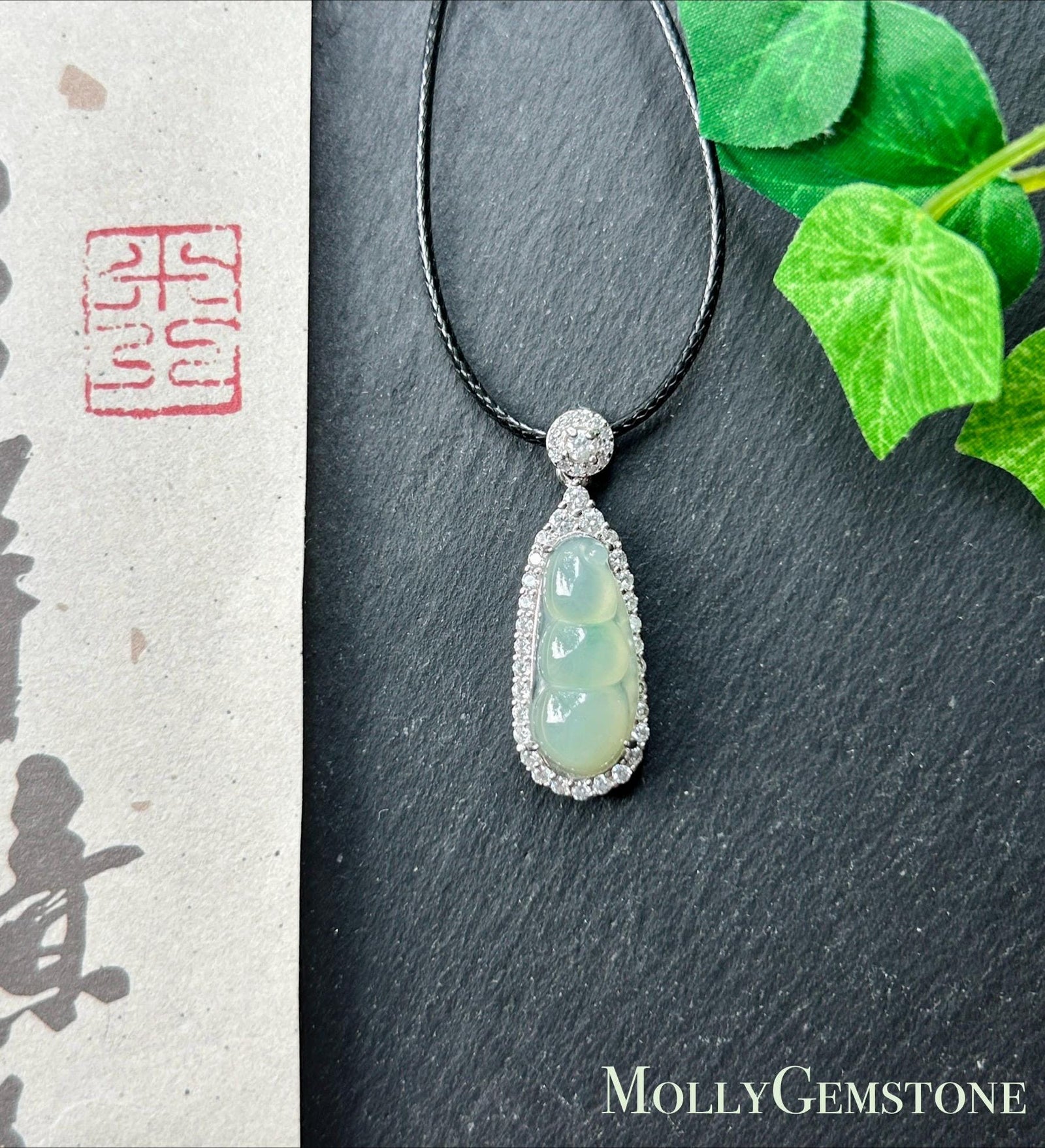 Natural Jadeite Bean Pendant Burmese Type A Highly Translucent Icy Light Celadon Green Jade, Sterling Silver