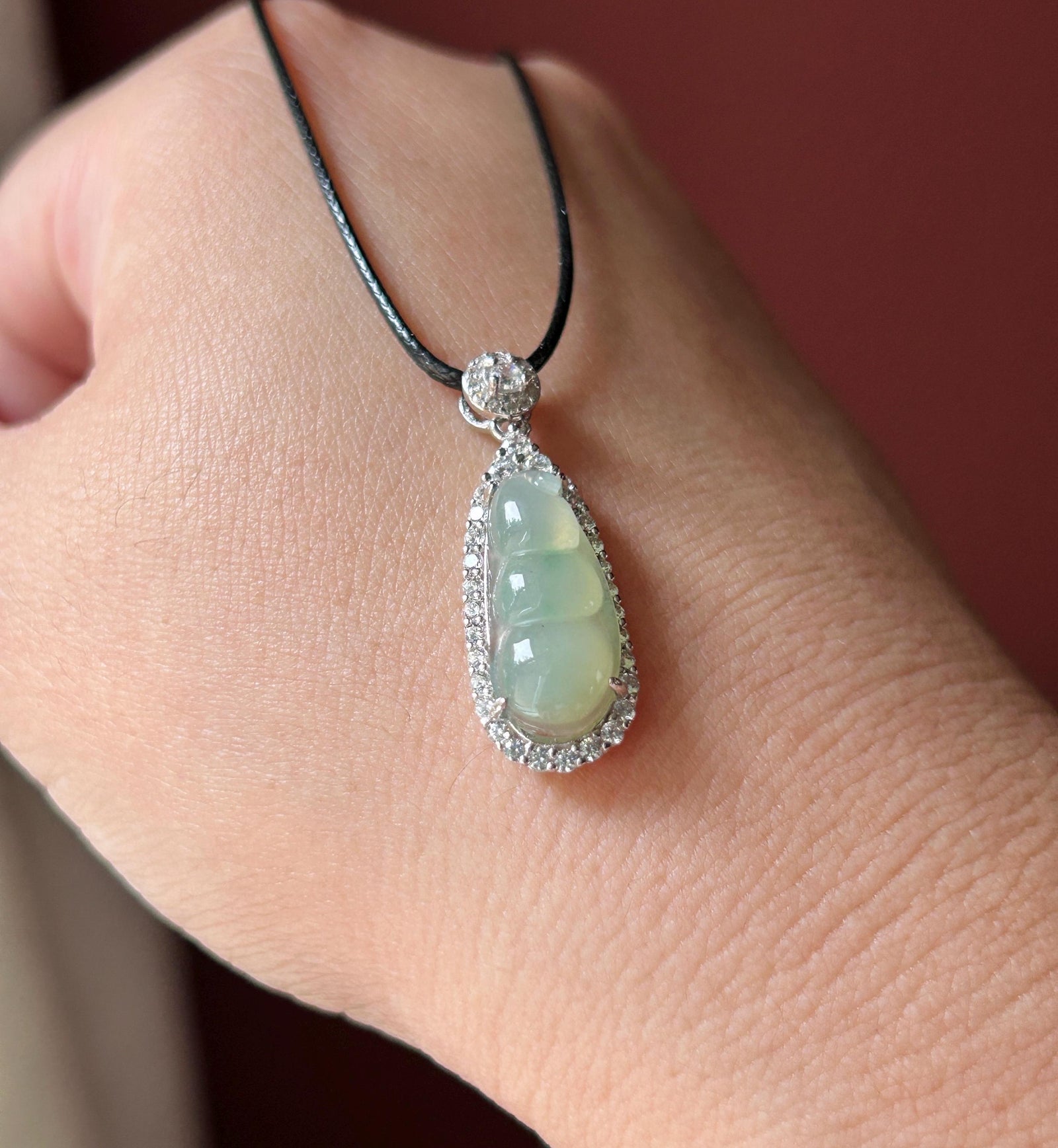 Natural Jadeite Bean Pendant Burmese Type A Highly Translucent Icy Light Celadon Green Jade, Sterling Silver