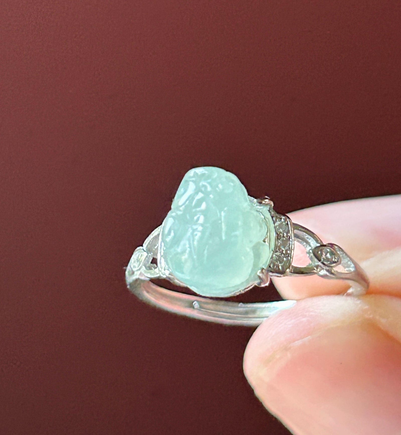 Natural Jadeite Adjustable Pixiu Ring Burmese Type A Highly Translucent Icy Pale Pavendee or Celedon Green Jade | Sterling Silver
