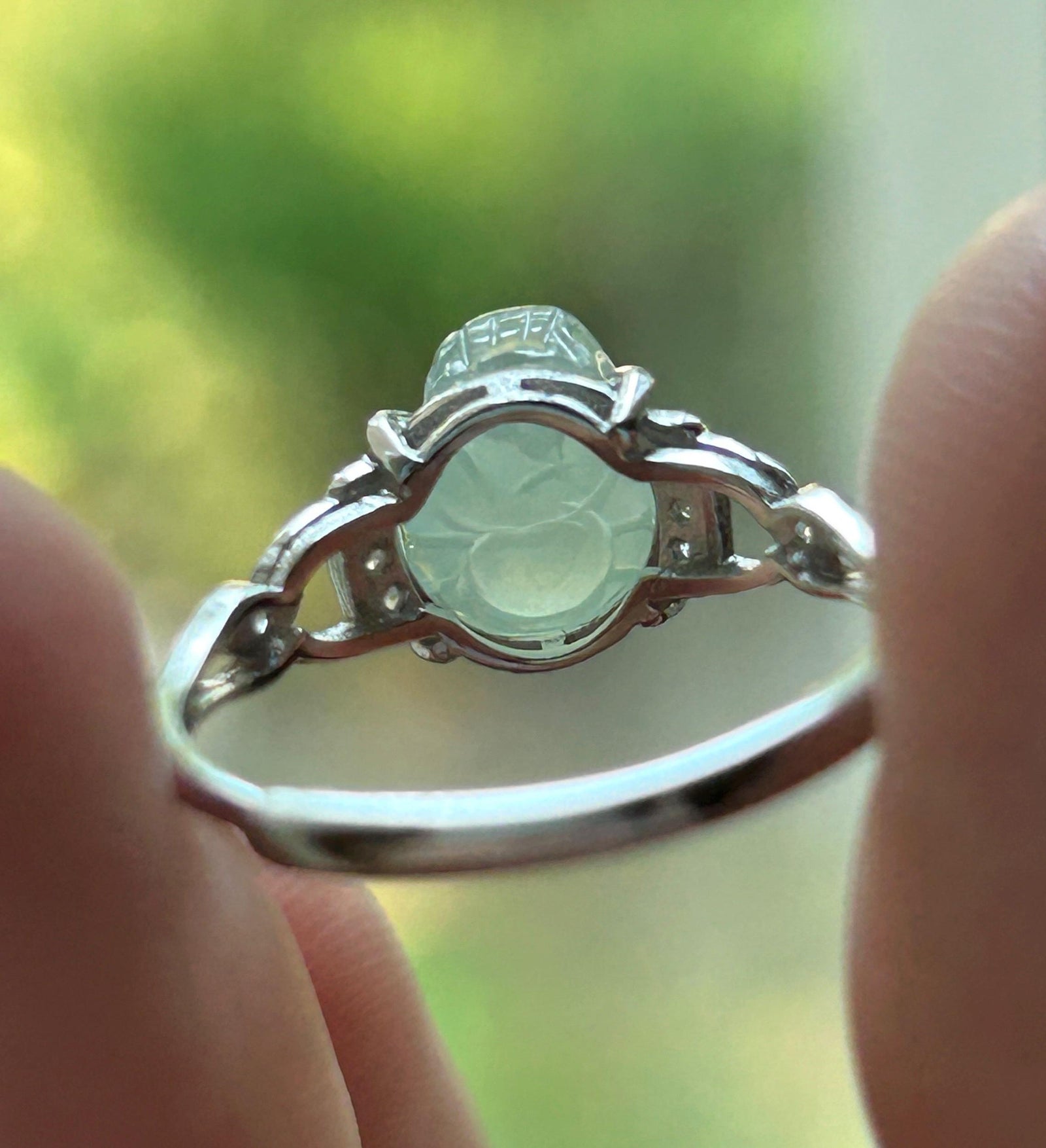 Natural Jadeite Adjustable Pixiu Ring Burmese Type A Highly Translucent Icy Pale Pavendee or Celedon Green Jade | Sterling Silver