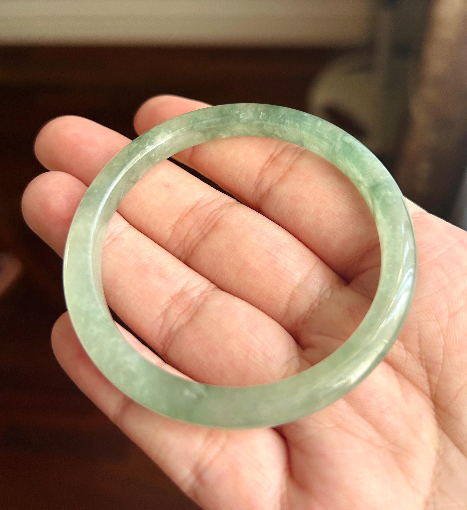 Certified Natural Jadeite Bangle – Burmese Type A Untreated Icy Glutinous Clear Water Green Jade, Thin Round- D Cut, 54-55mm