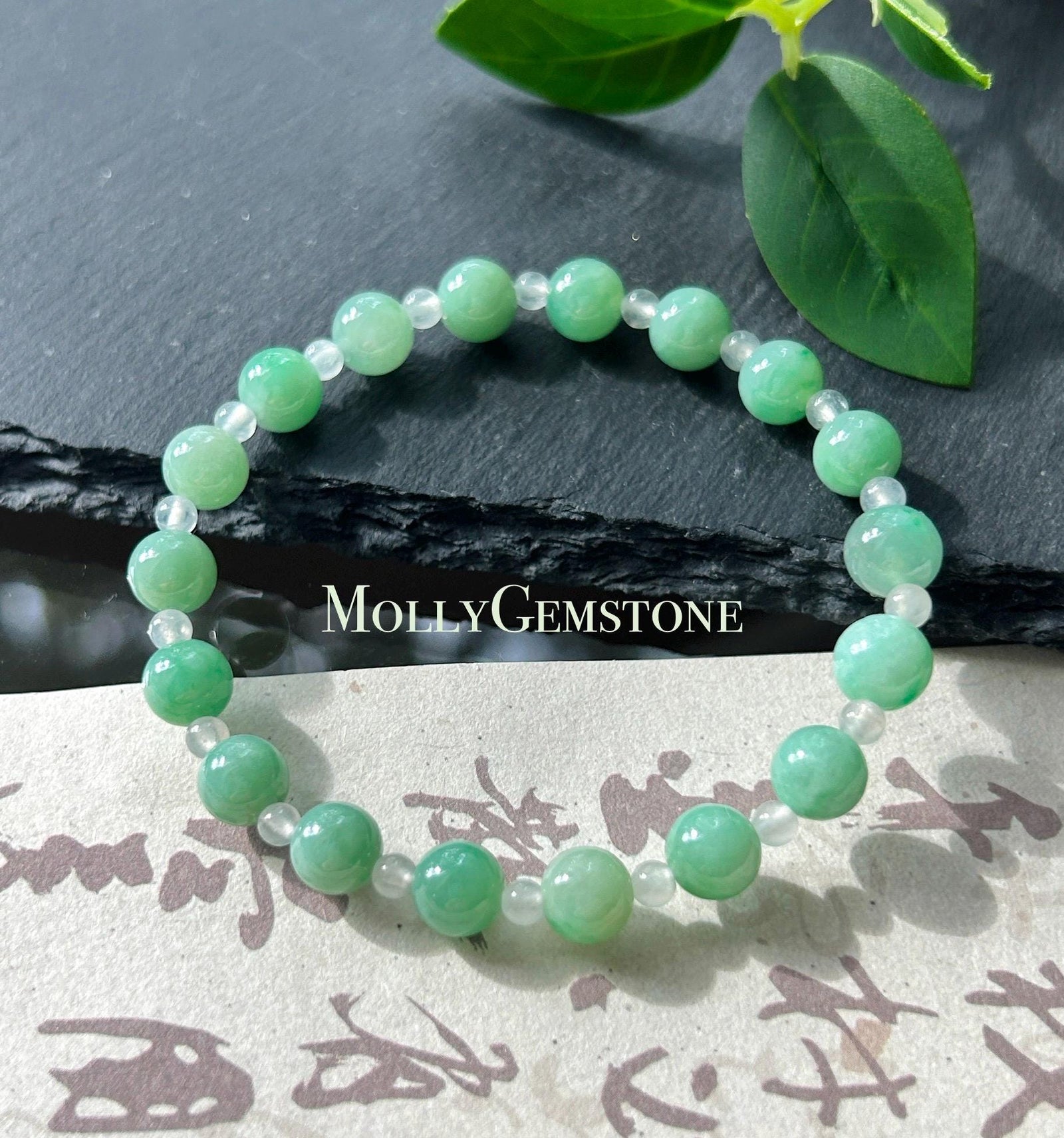 Natural Jadeite Beaded Bracelet – Burmese Type A Translucent Icy Apple Green & White Jade, 7.2mm, Minimalist Jewelry