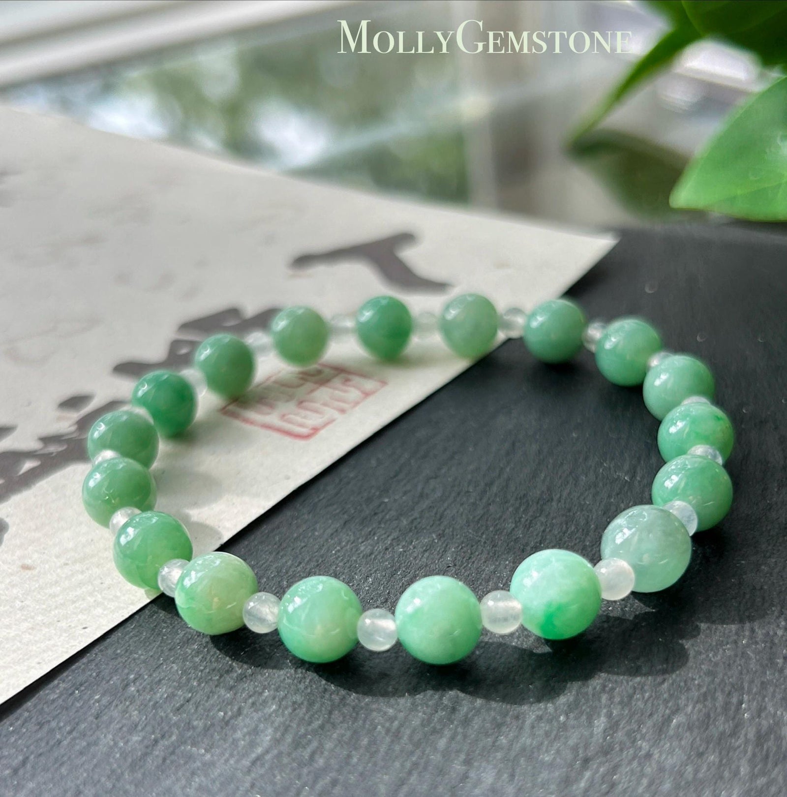Natural Jadeite Beaded Bracelet – Burmese Type A Translucent Icy Apple Green & White Jade, 7.2mm, Minimalist Jewelry