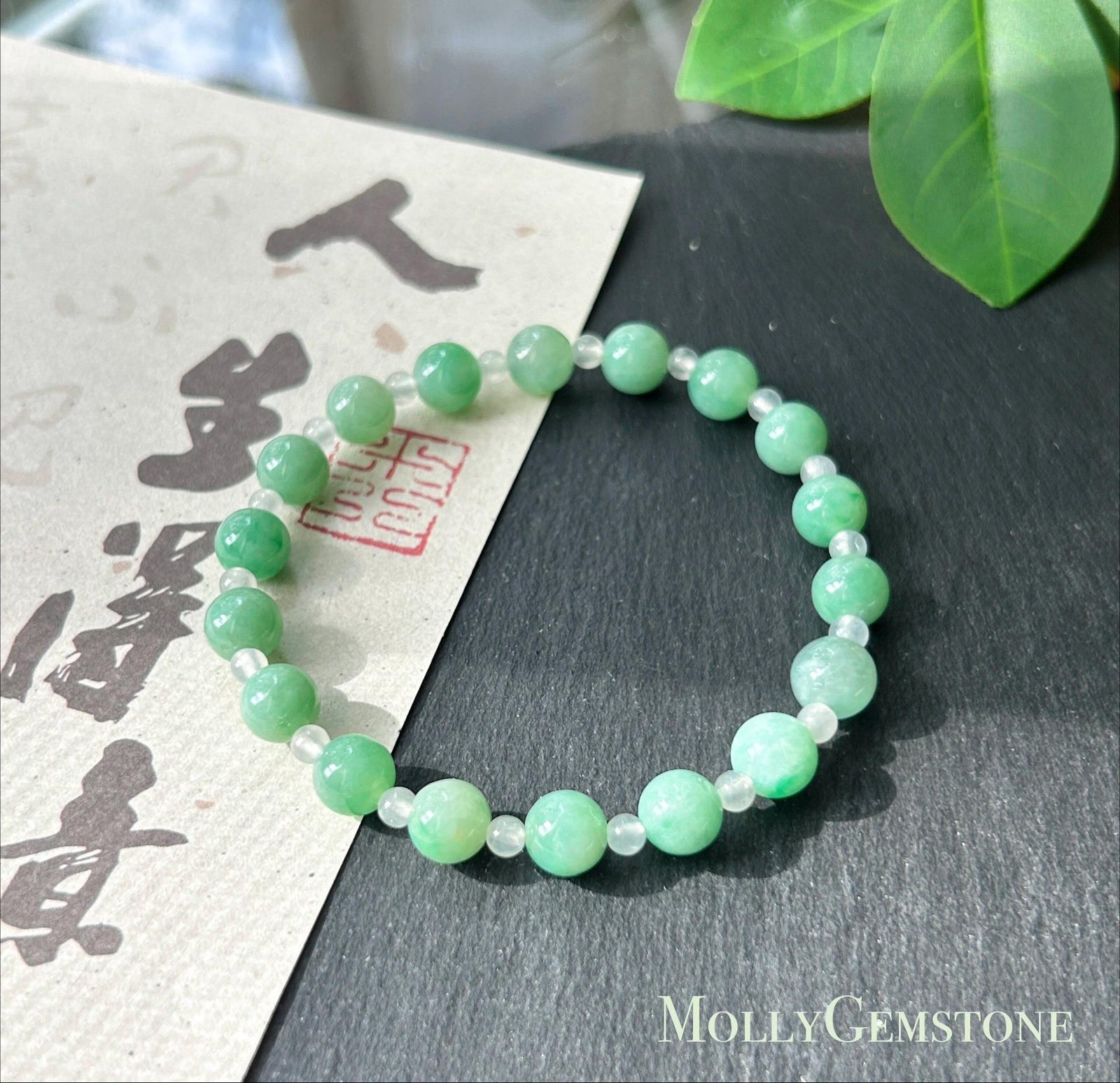 Natural Jadeite Beaded Bracelet – Burmese Type A Translucent Icy Apple Green & White Jade, 7.2mm, Minimalist Jewelry