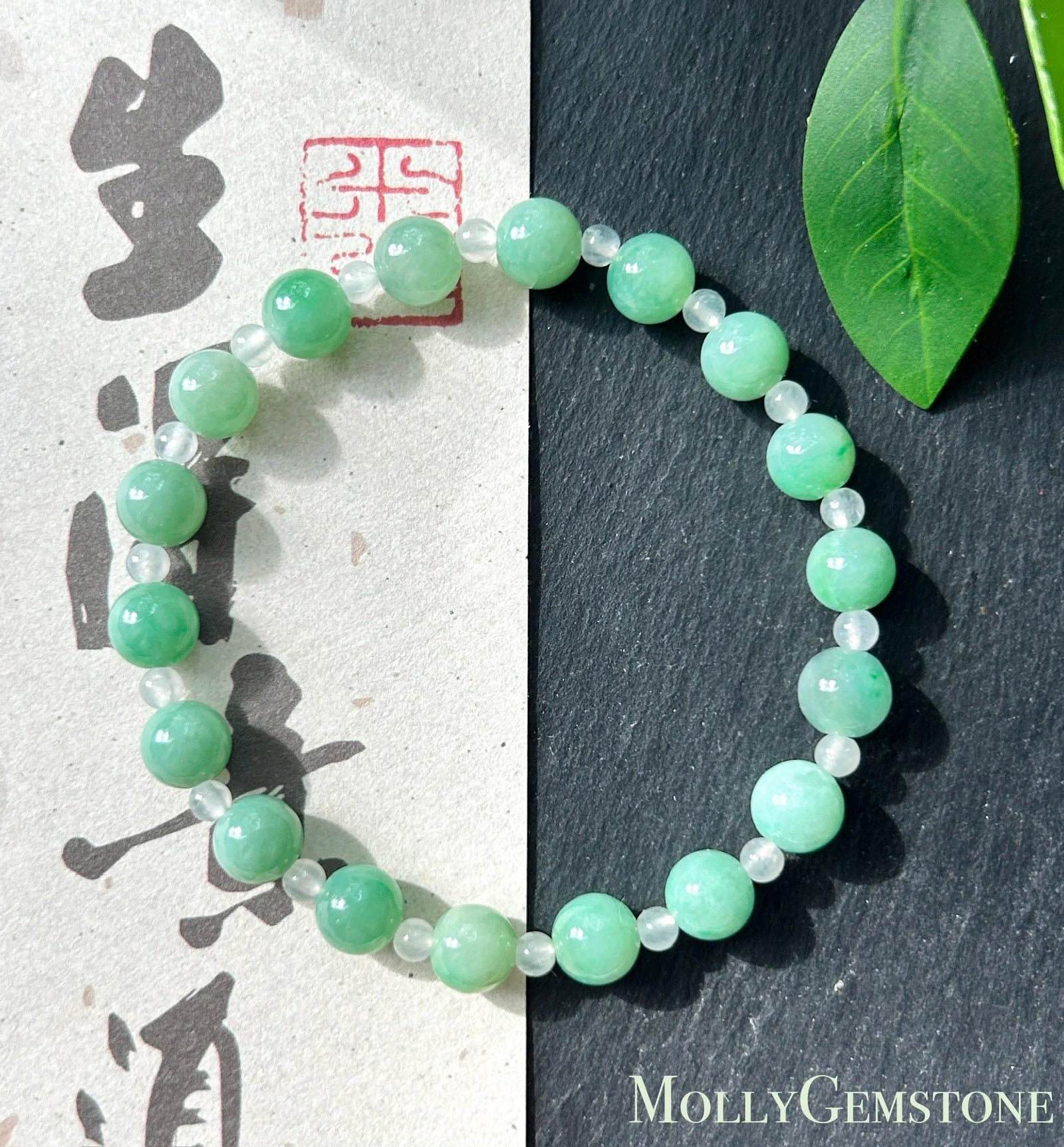 Natural Jadeite Beaded Bracelet – Burmese Type A Translucent Icy Apple Green & White Jade, 7.2mm, Minimalist Jewelry