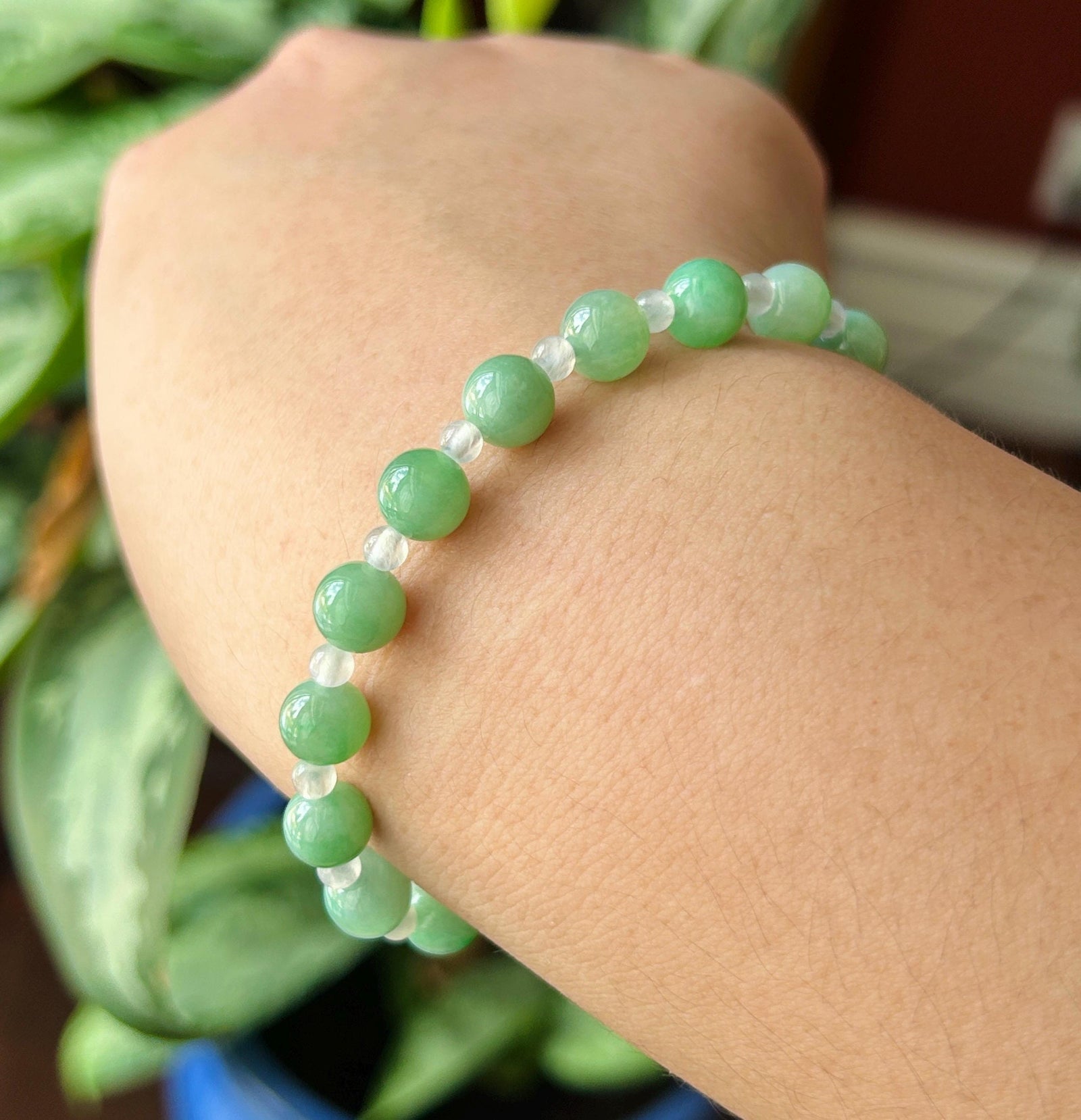 Natural Jadeite Beaded Bracelet – Burmese Type A Translucent Icy Apple Green & White Jade, 7.2mm, Minimalist Jewelry