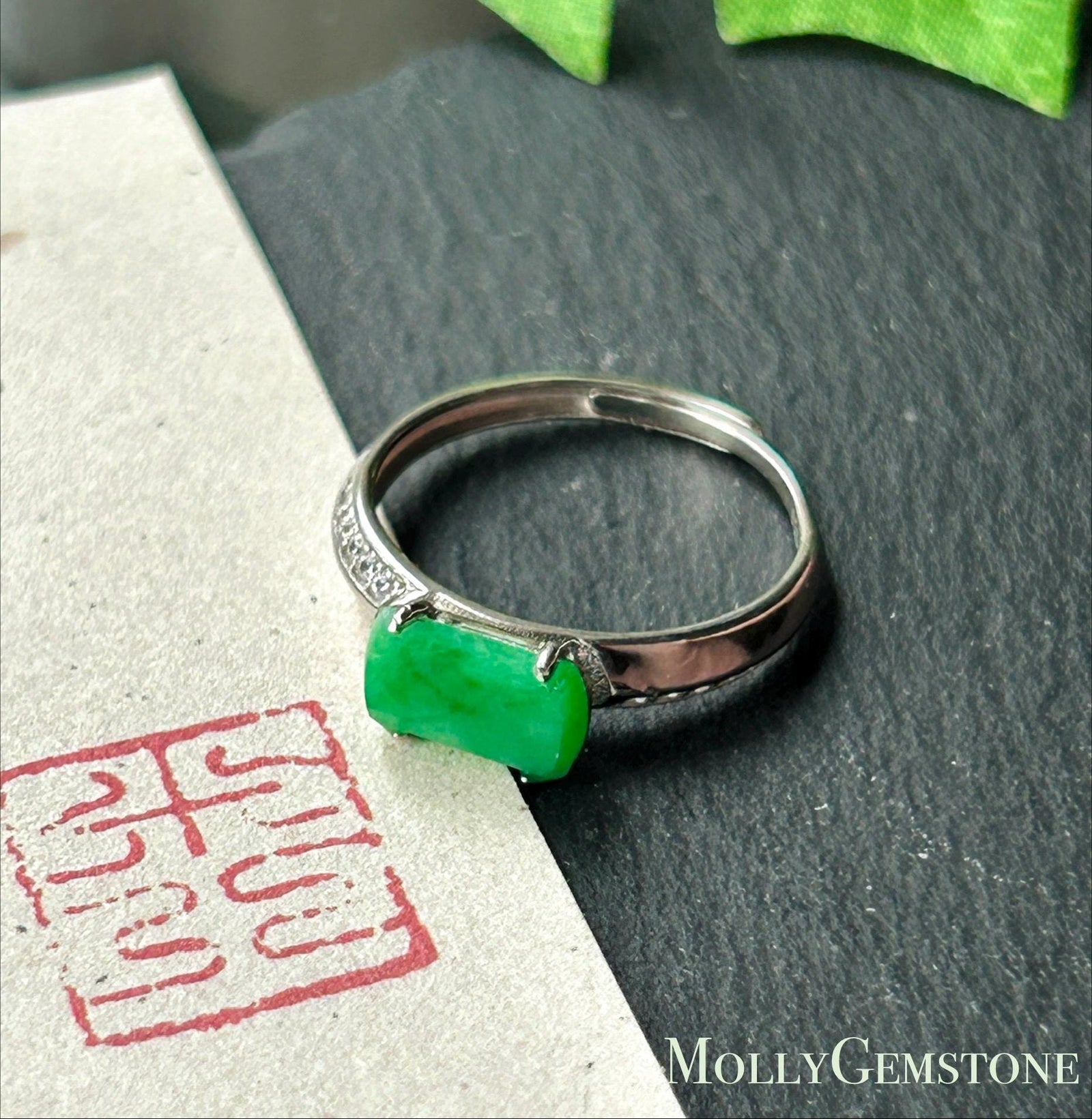 Natural Jadeite & Sterling Silver Adjustable Saddle Ring Band Burmese Type A Translucent Icy Vivid Spicy Green Jade