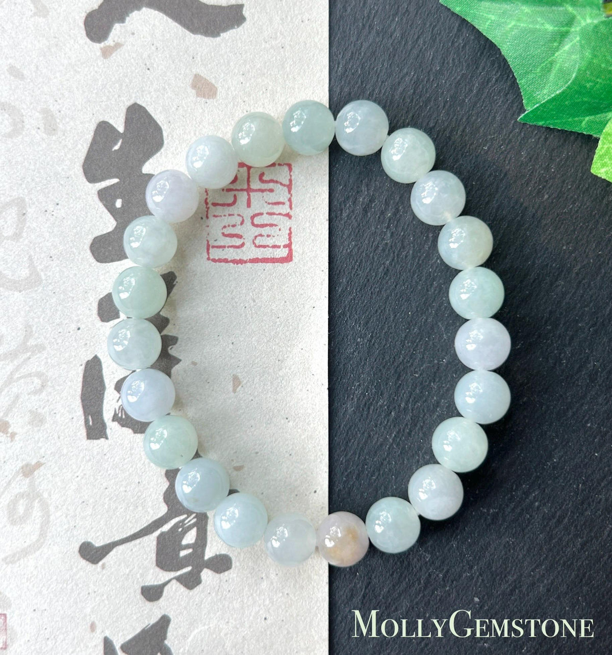 Natural Jadeite Beaded Bracelet, Burmese Type A Untreated Fine Glutinous Icy Pale Macaron Multicolor Jade, 8mm