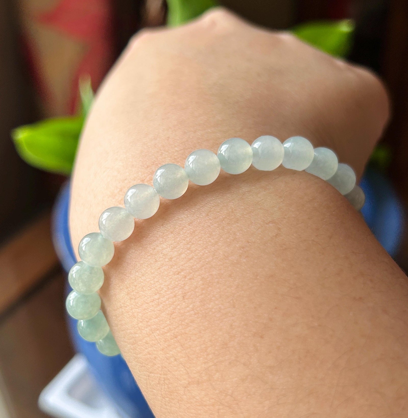 Natural Jadeite Beaded Gradient Bracelet – Burmese Type A Translucent Icy Gradient Blue, Green & White Jade, 7.3mm
