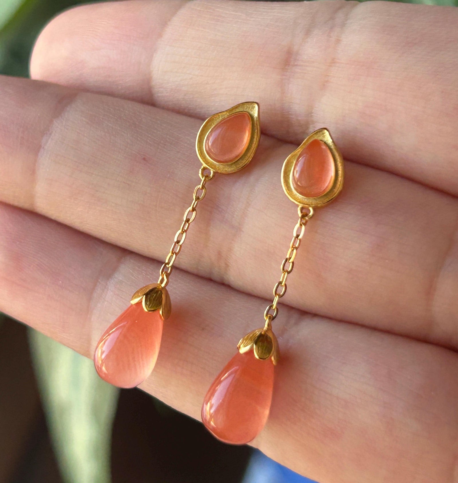 Natural Nanhong Agate Tassel Drop Earrings: Untreated Highly Translucent Icy Southern Red Agate, 18k Gold Vermeil