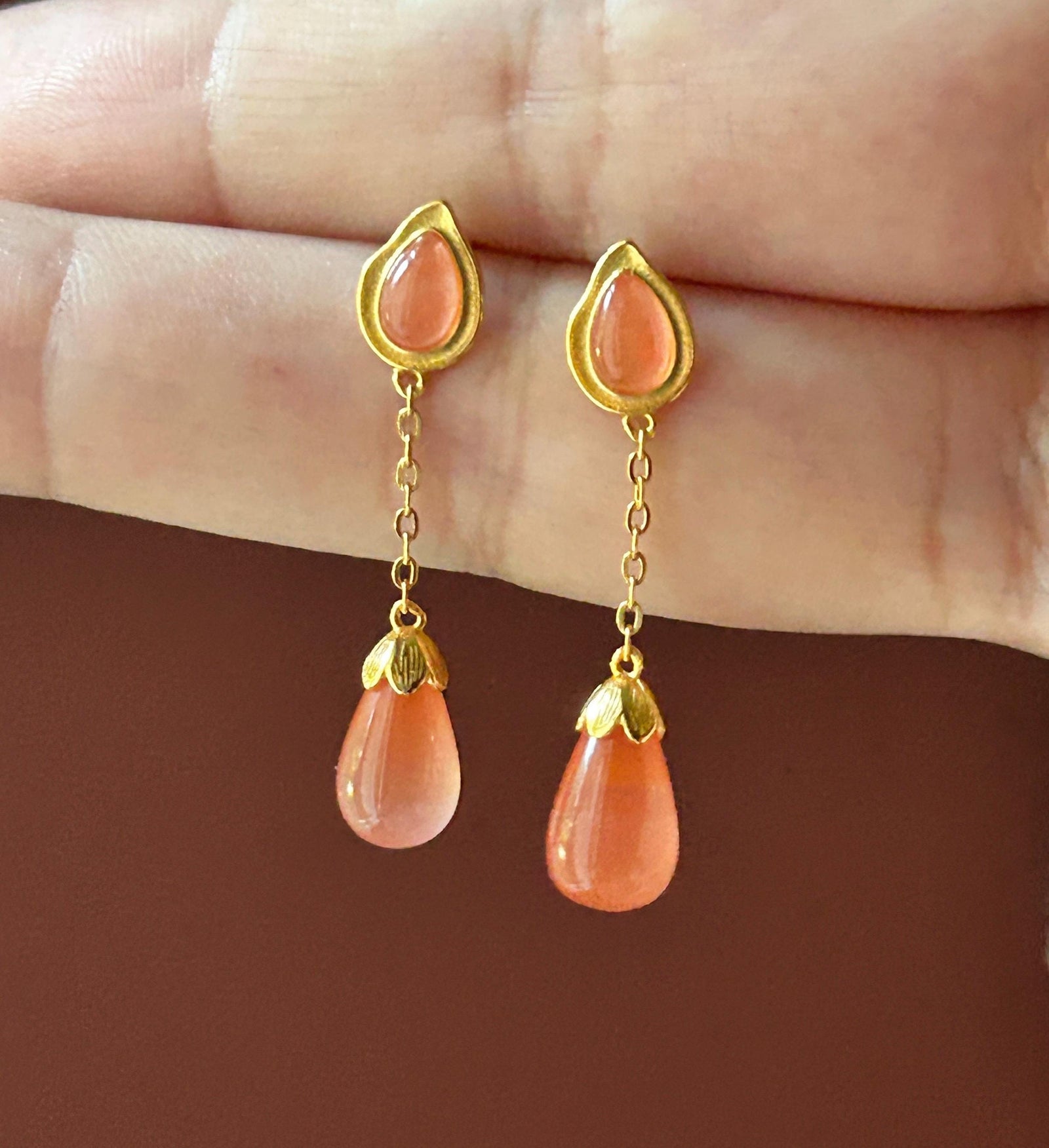 Natural Nanhong Agate Tassel Drop Earrings: Untreated Highly Translucent Icy Southern Red Agate, 18k Gold Vermeil