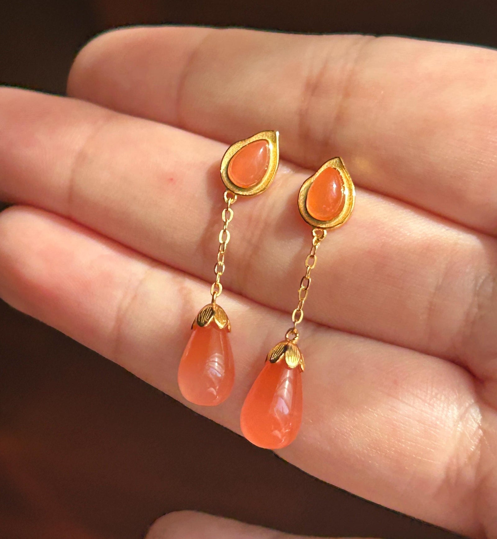 Natural Nanhong Agate Tassel Drop Earrings: Untreated Highly Translucent Icy Southern Red Agate, 18k Gold Vermeil