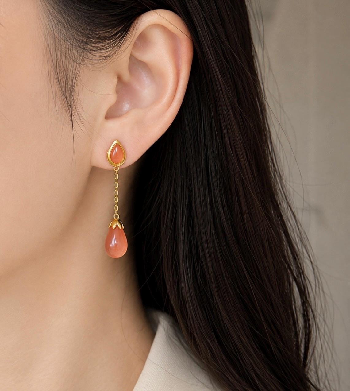 Natural Nanhong Agate Tassel Drop Earrings: Untreated Highly Translucent Icy Southern Red Agate, 18k Gold Vermeil