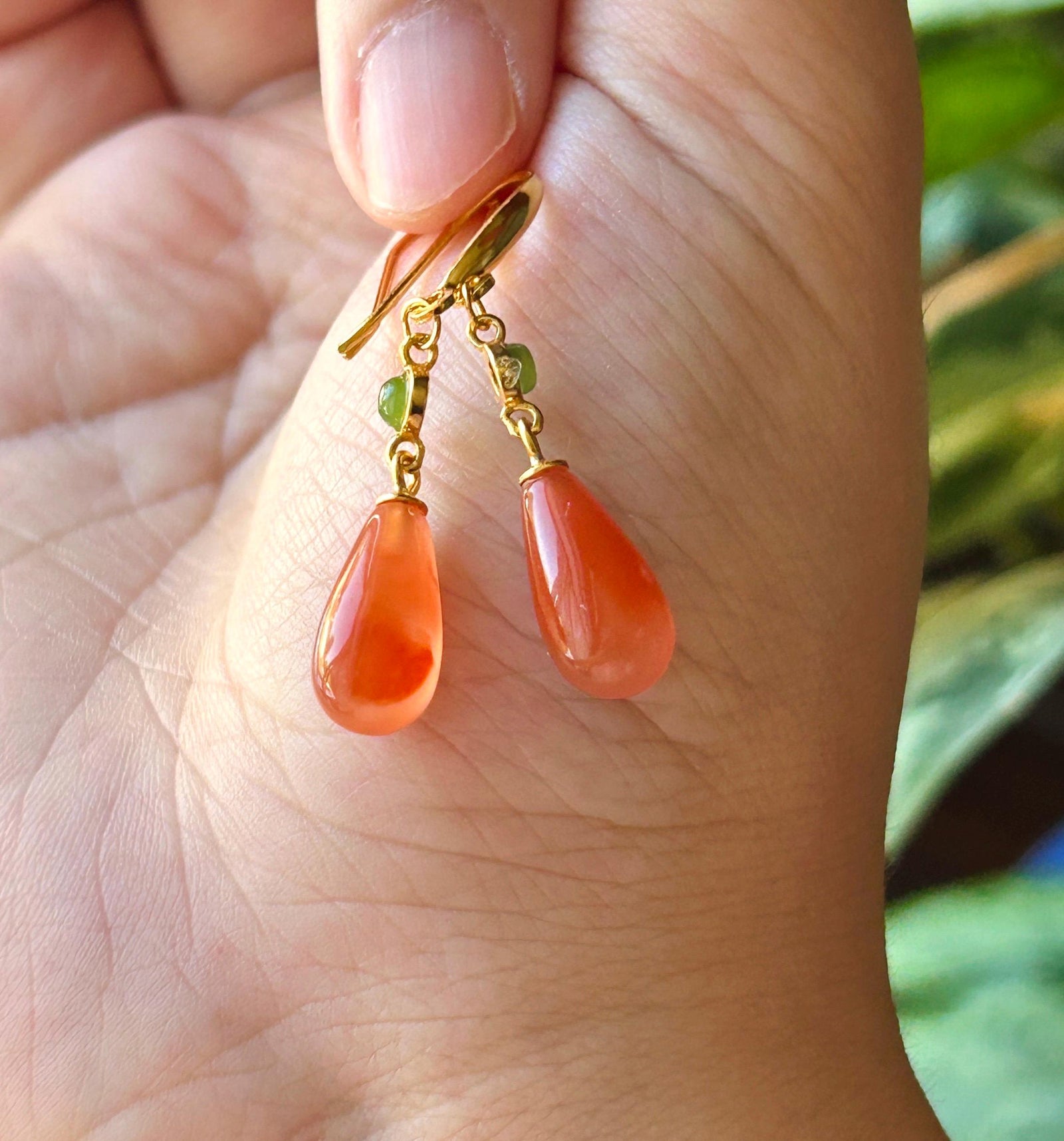 Natural Nanhong Agate Earrings: Untreated Highly Translucent Icy Southern Red Agate, Nephrite Jade Cabochon, 18k Gold Vermeil