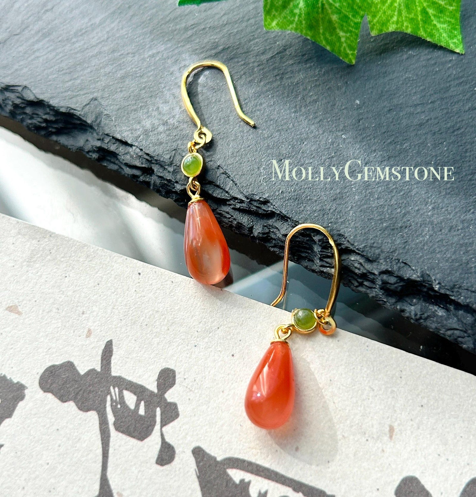 Natural Nanhong Agate Earrings: Untreated Highly Translucent Icy Southern Red Agate, Nephrite Jade Cabochon, 18k Gold Vermeil