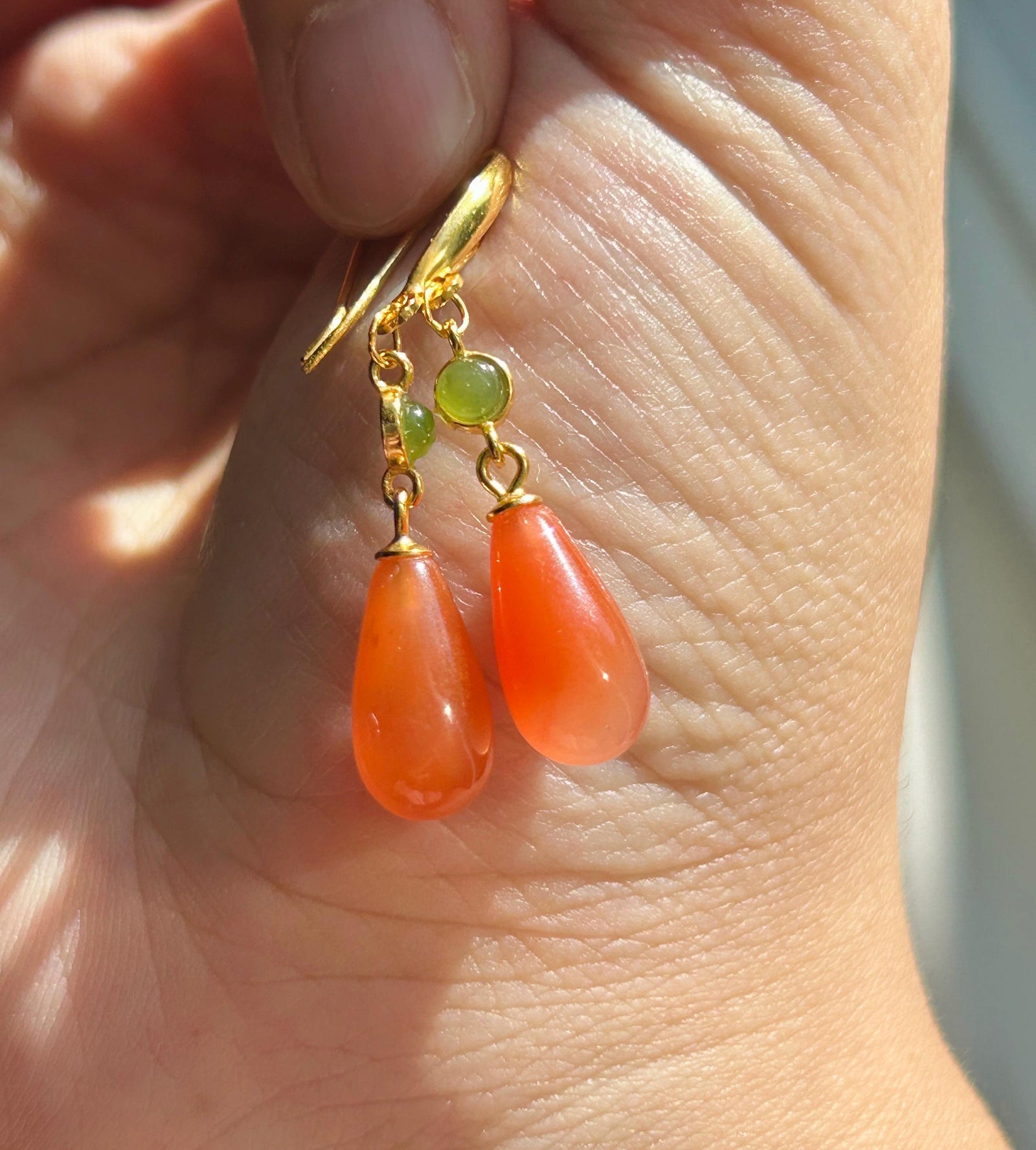 Natural Nanhong Agate Earrings: Untreated Highly Translucent Icy Southern Red Agate, Nephrite Jade Cabochon, 18k Gold Vermeil