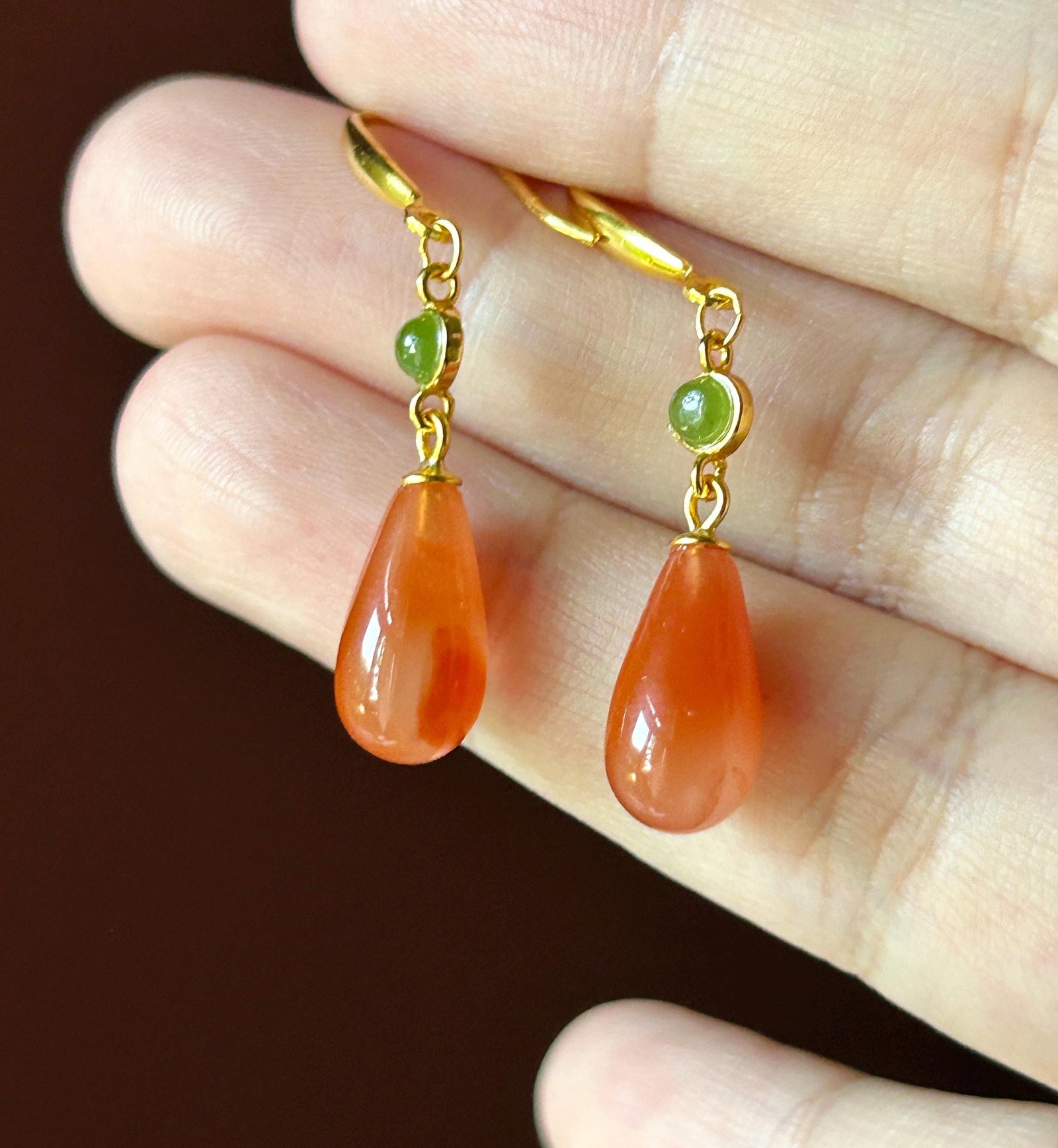 Natural Nanhong Agate Earrings: Untreated Highly Translucent Icy Southern Red Agate, Nephrite Jade Cabochon, 18k Gold Vermeil