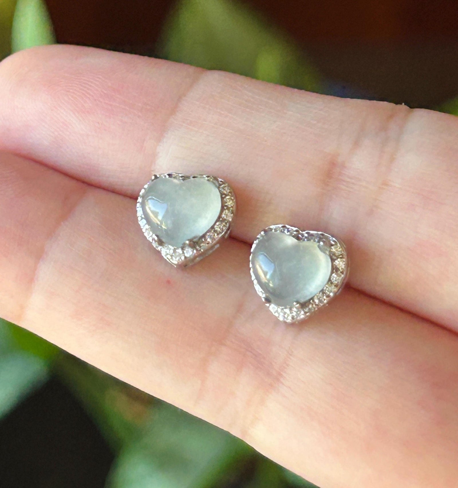 Natural Jadeite Heart Stud Earrings: Burmese Type A Untreated Highly Translucent Icy White Jade Cabochon, Sterling Silver
