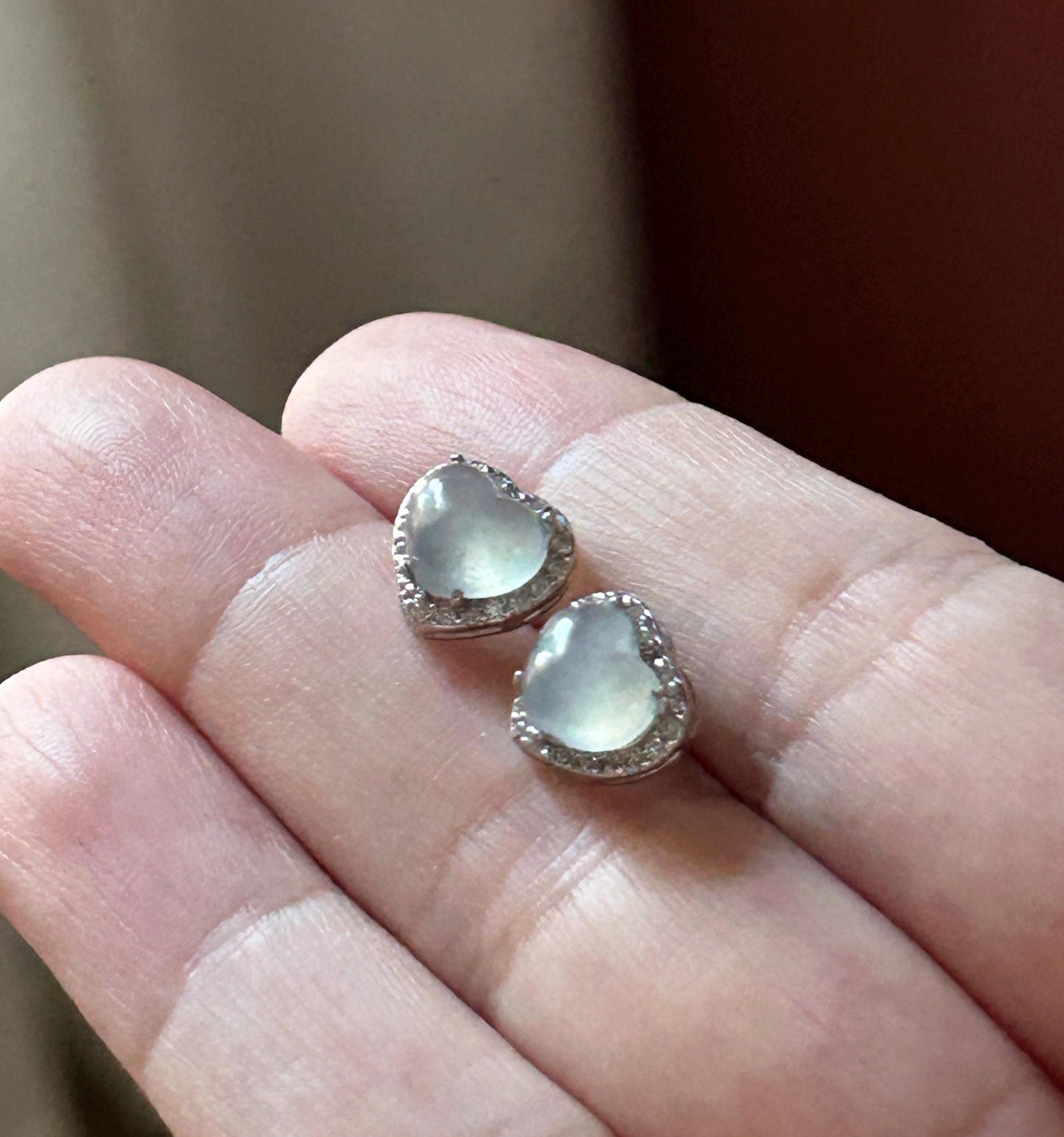 Natural Jadeite Heart Stud Earrings: Burmese Type A Untreated Highly Translucent Icy White Jade Cabochon, Sterling Silver