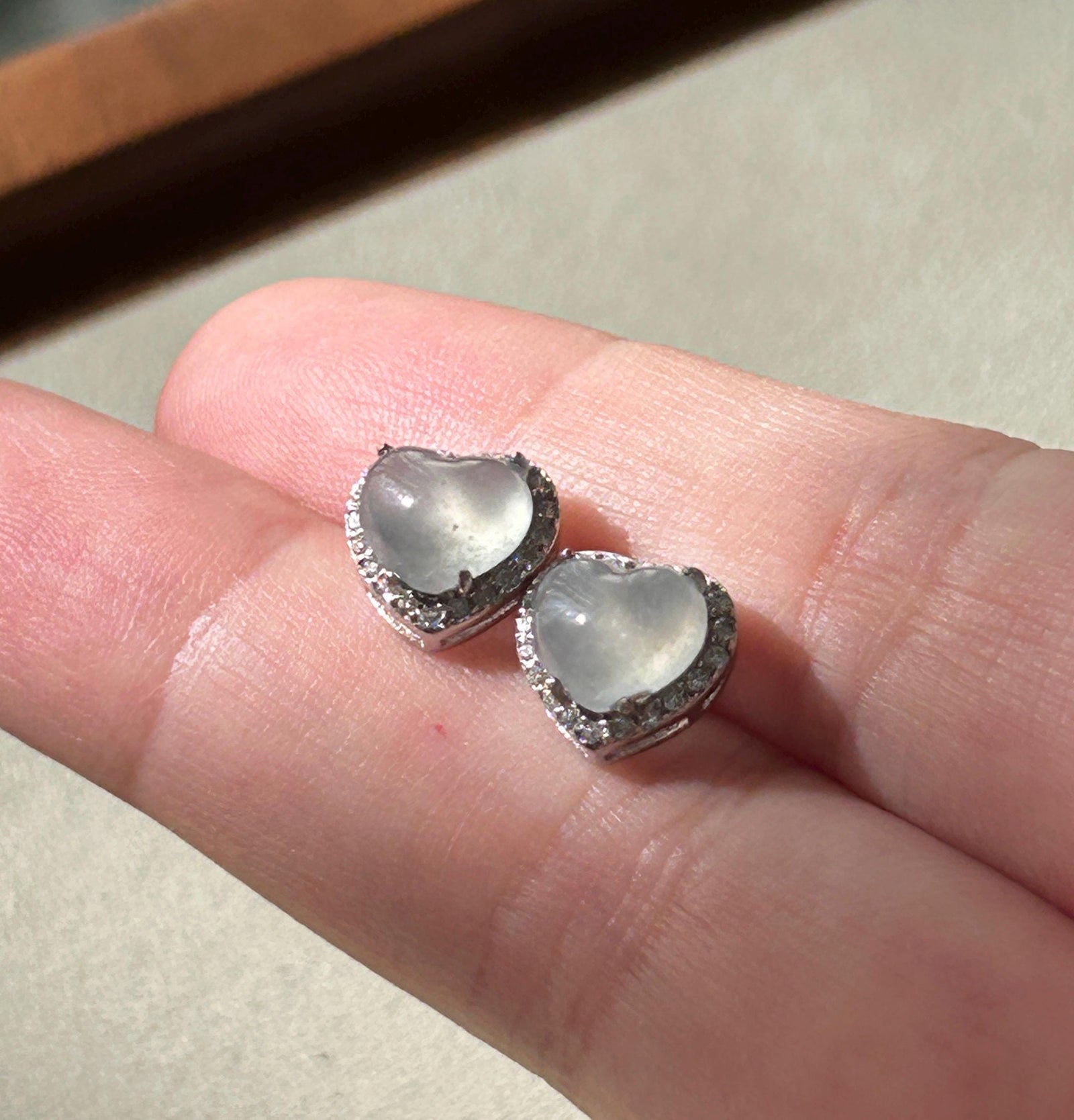 Natural Jadeite Heart Stud Earrings: Burmese Type A Untreated Highly Translucent Icy White Jade Cabochon, Sterling Silver