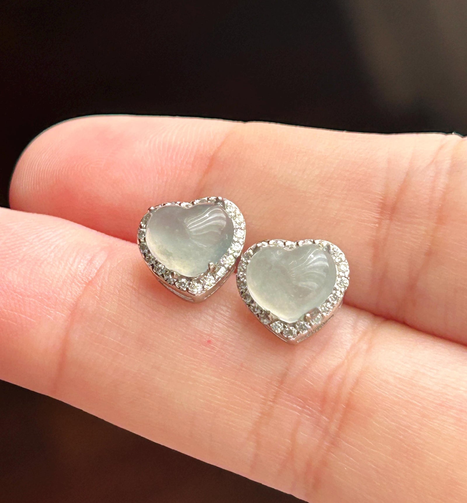 Natural Jadeite Heart Stud Earrings: Burmese Type A Untreated Highly Translucent Icy White Jade Cabochon, Sterling Silver