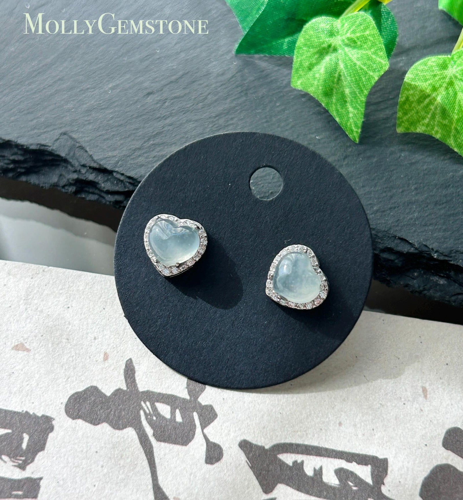 Natural Jadeite Heart Stud Earrings: Burmese Type A Untreated Highly Translucent Icy White Jade Cabochon, Sterling Silver