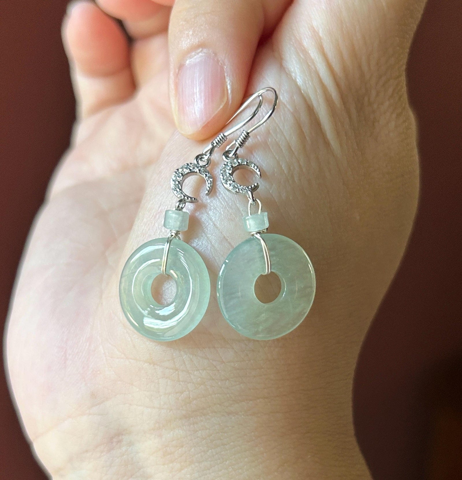 Natural Jadeite Lucky Donut Earrings: Burmese Type A Untreated Highly Translucent Icy Pale Green Jade, Sterling Silver