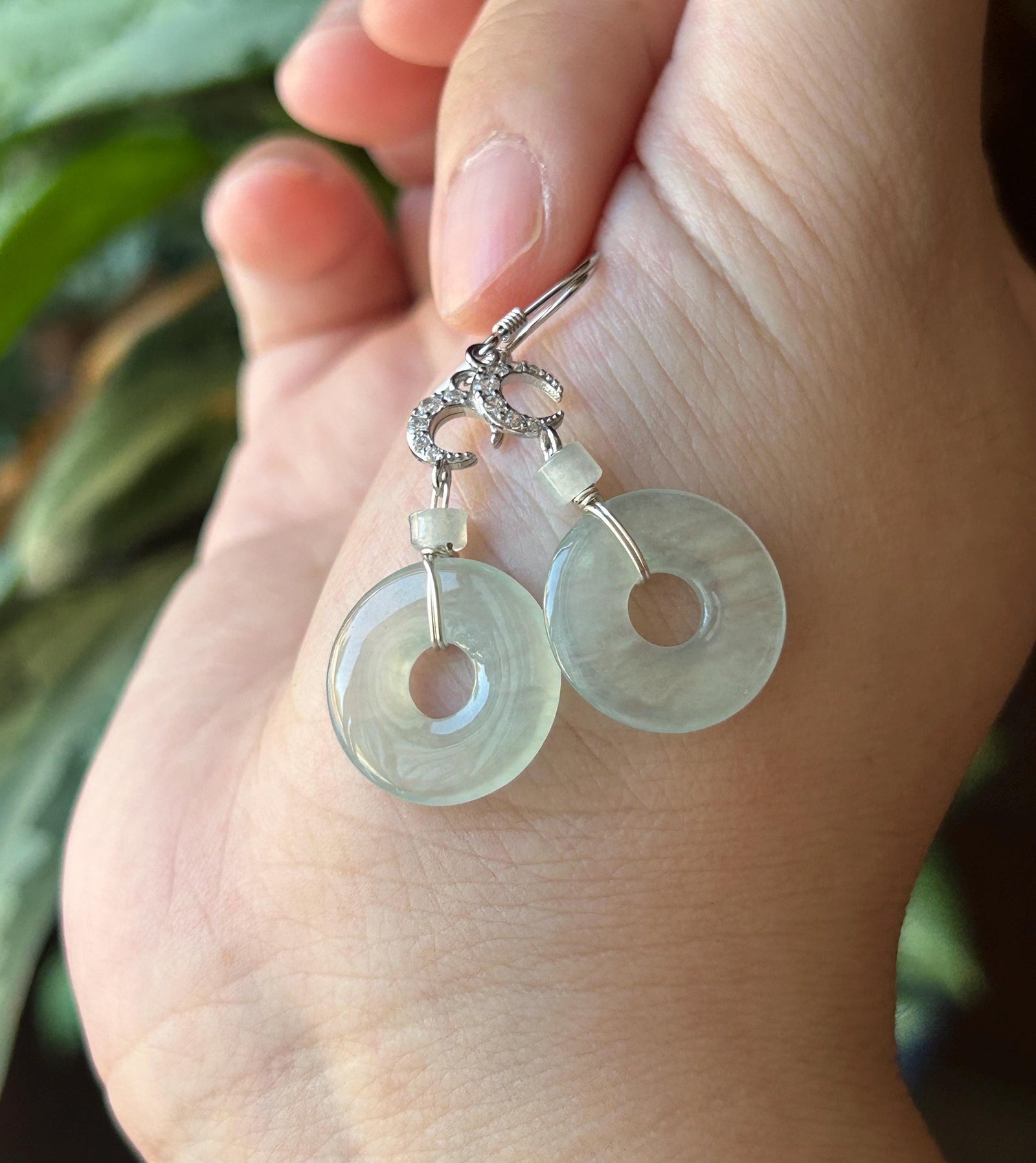 Natural Jadeite Lucky Donut Earrings: Burmese Type A Untreated Highly Translucent Icy Pale Green Jade, Sterling Silver