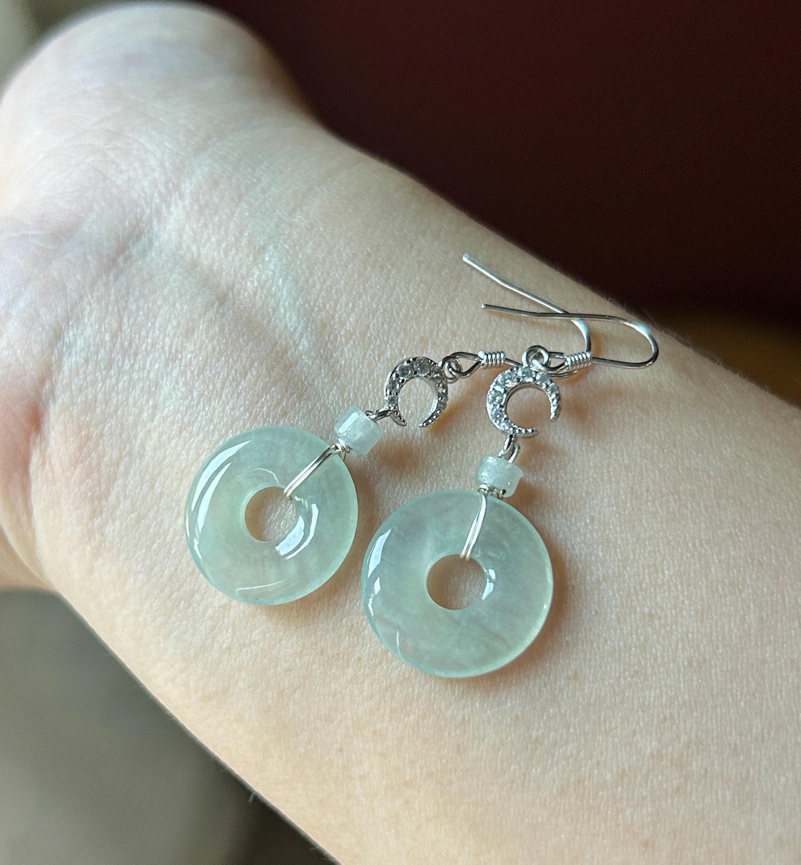 Natural Jadeite Lucky Donut Earrings: Burmese Type A Untreated Highly Translucent Icy Pale Green Jade, Sterling Silver
