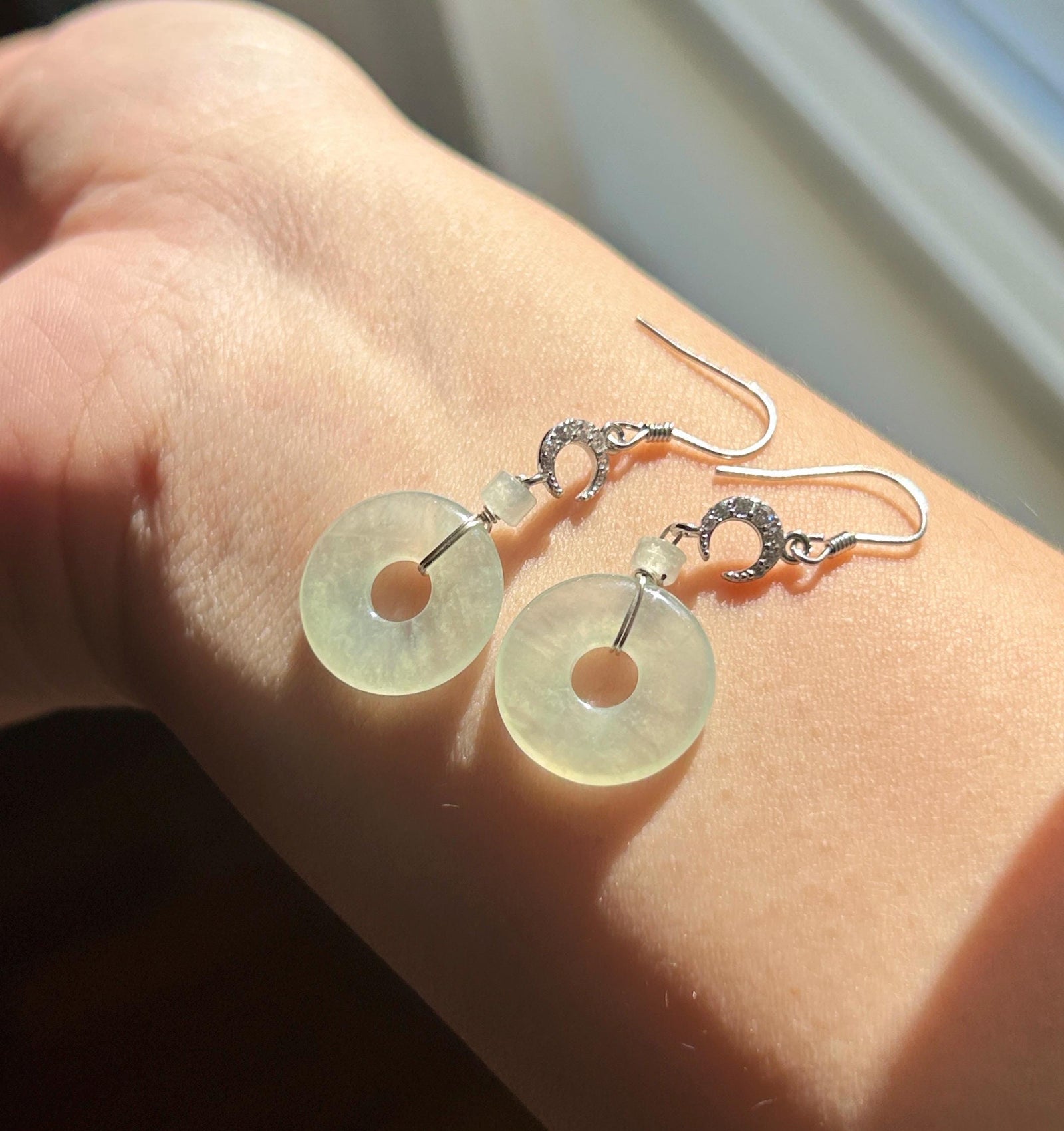 Natural Jadeite Lucky Donut Earrings: Burmese Type A Untreated Highly Translucent Icy Pale Green Jade, Sterling Silver