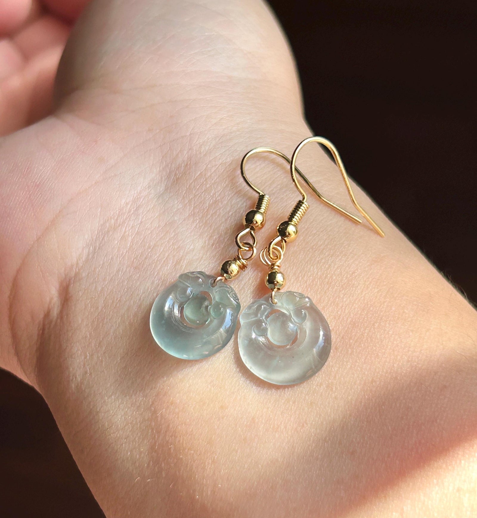 Natural Jadeite RuYi Earrings: Guatemalan Type A Untreated Highly Translucent Icy Pale Ocean Blue Jade, Sterling Silver