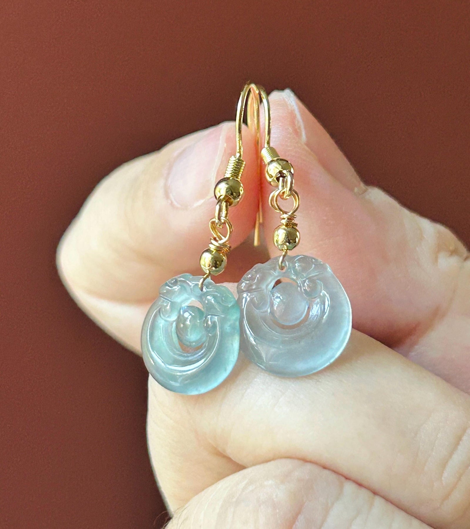 Natural Jadeite RuYi Earrings: Guatemalan Type A Untreated Highly Translucent Icy Pale Ocean Blue Jade, Sterling Silver