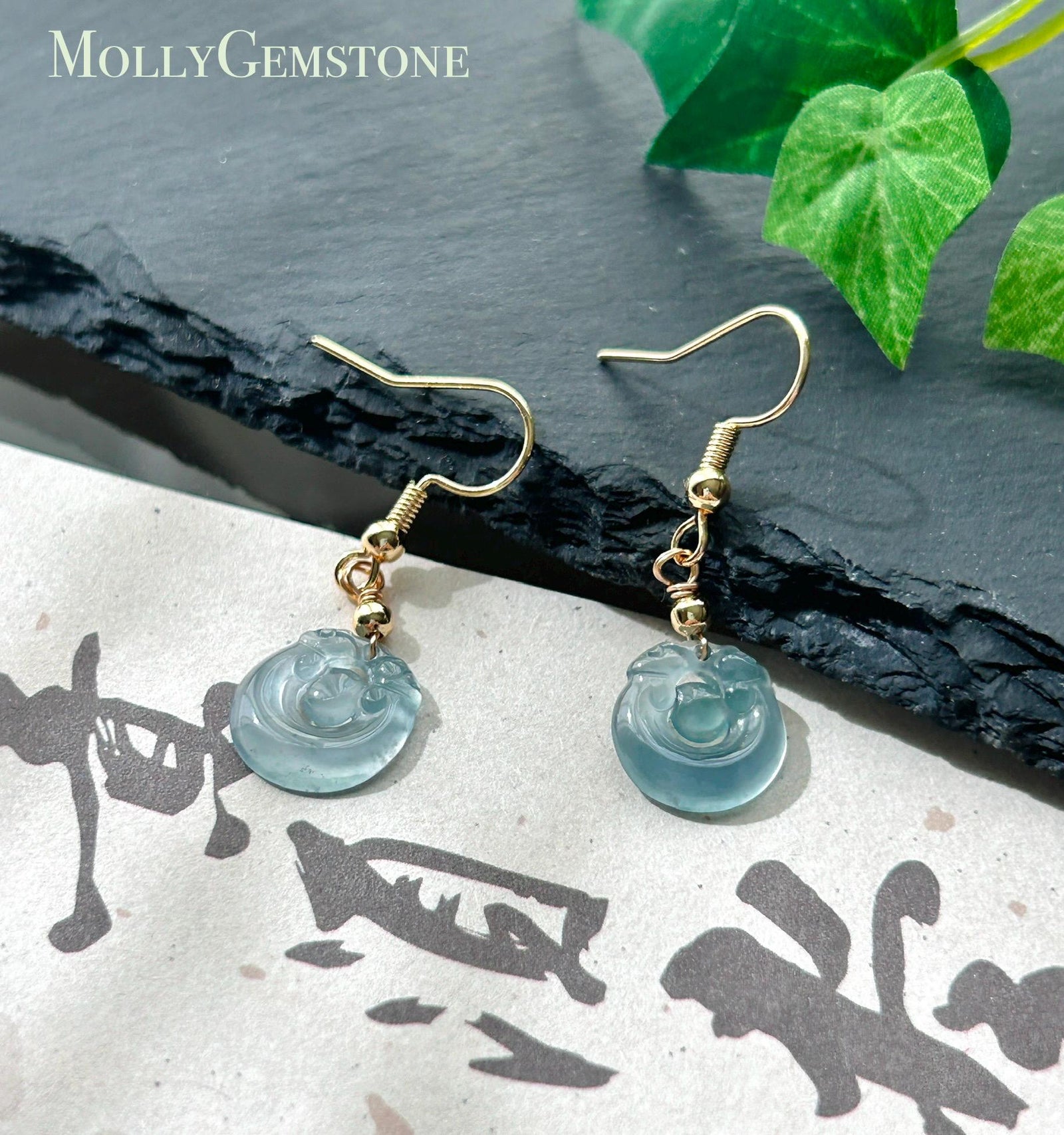 Natural Jadeite RuYi Earrings: Guatemalan Type A Untreated Highly Translucent Icy Pale Ocean Blue Jade, Sterling Silver