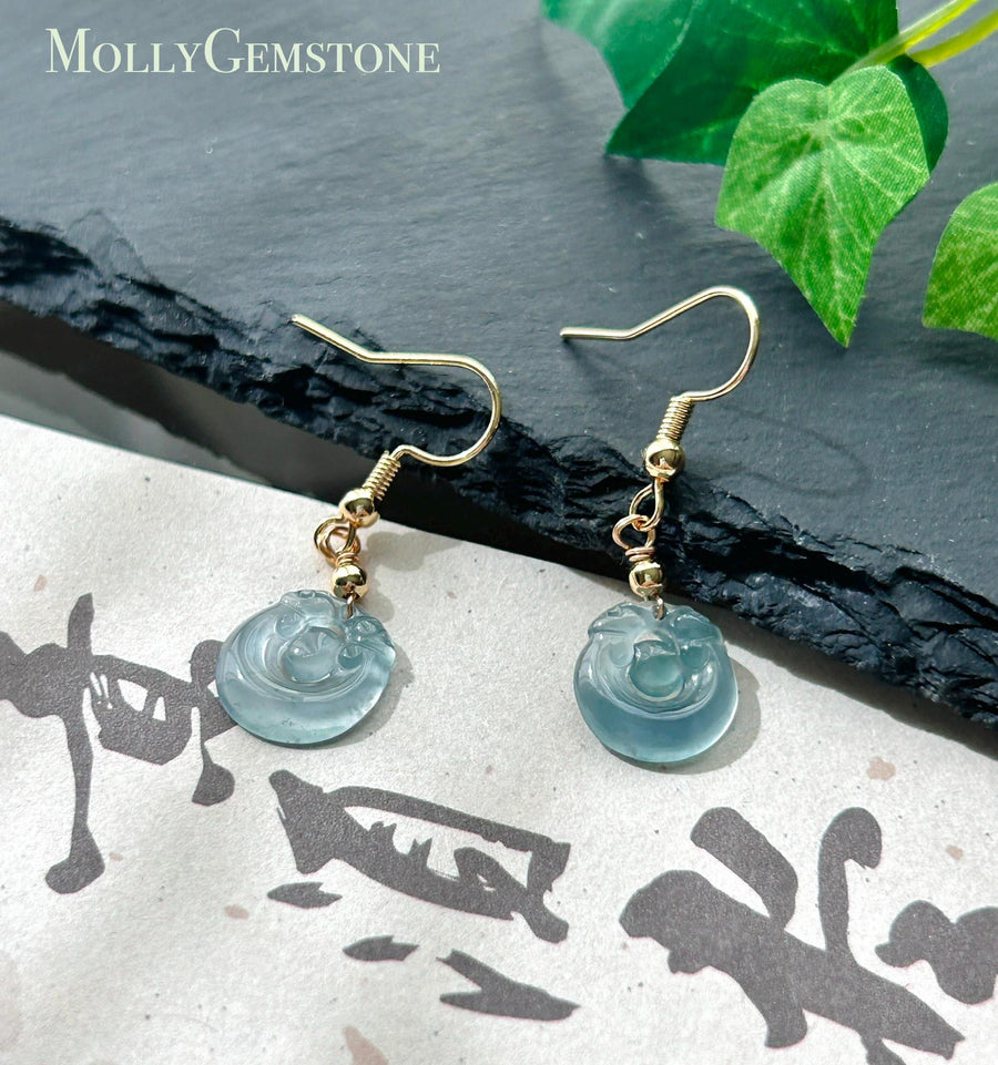 Natural Jadeite RuYi Earrings: Guatemalan Type A Untreated Highly Translucent Icy Pale Ocean Blue Jade, Sterling Silver