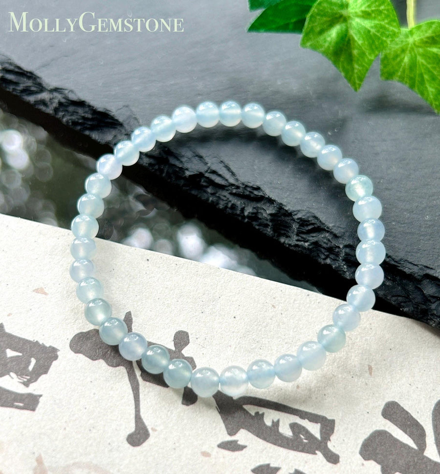 Natural Jadeite Beaded Bracelet – Burmese Type A Highly Translucent Icy Soft Misty Lavender Blue Jade, 5mm, Minimalist Jewelry