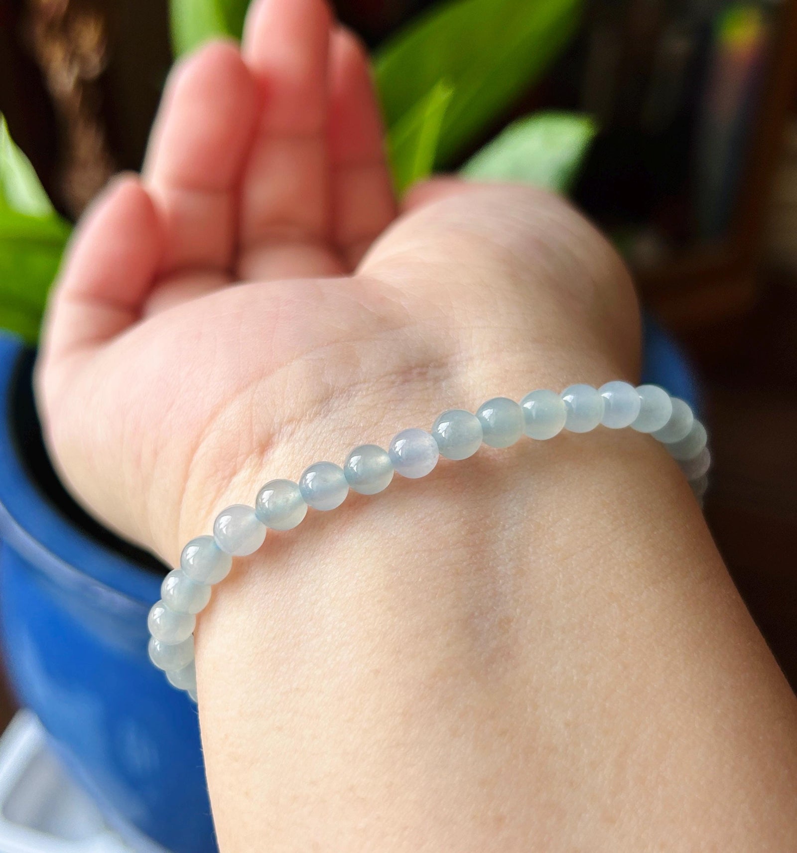 Natural Jadeite Beaded Bracelet – Burmese Type A Highly Translucent Icy Soft Misty Lavender Blue Jade, 5mm, Minimalist Jewelry