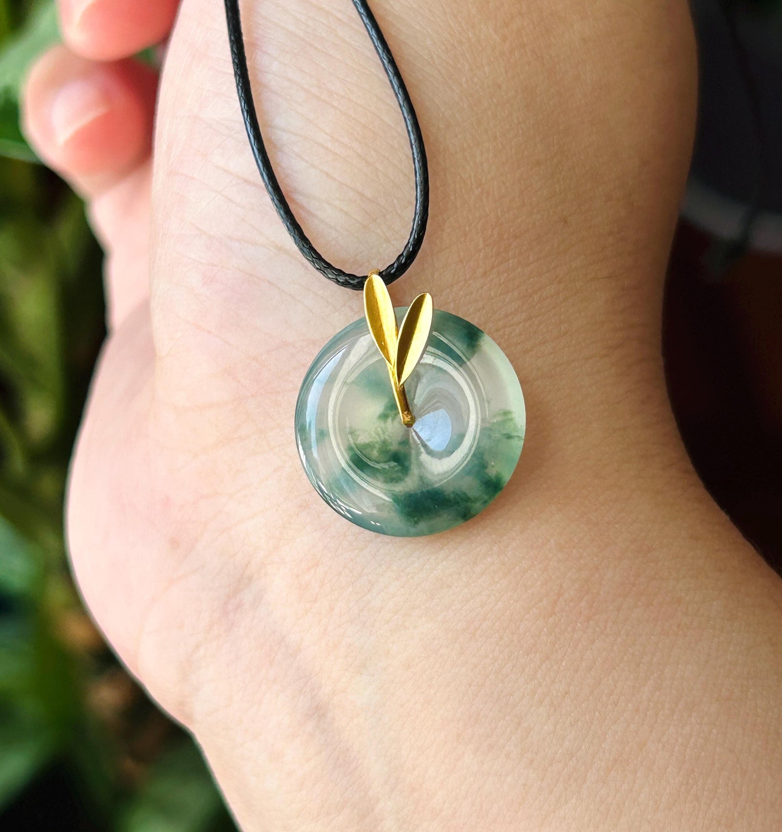 Certified Natural Jadeite Dainty Peace Donut Pendant Burmese Type A Highly Translucent High Icy Bluish Green Floral Jade| 18k Solid Gold