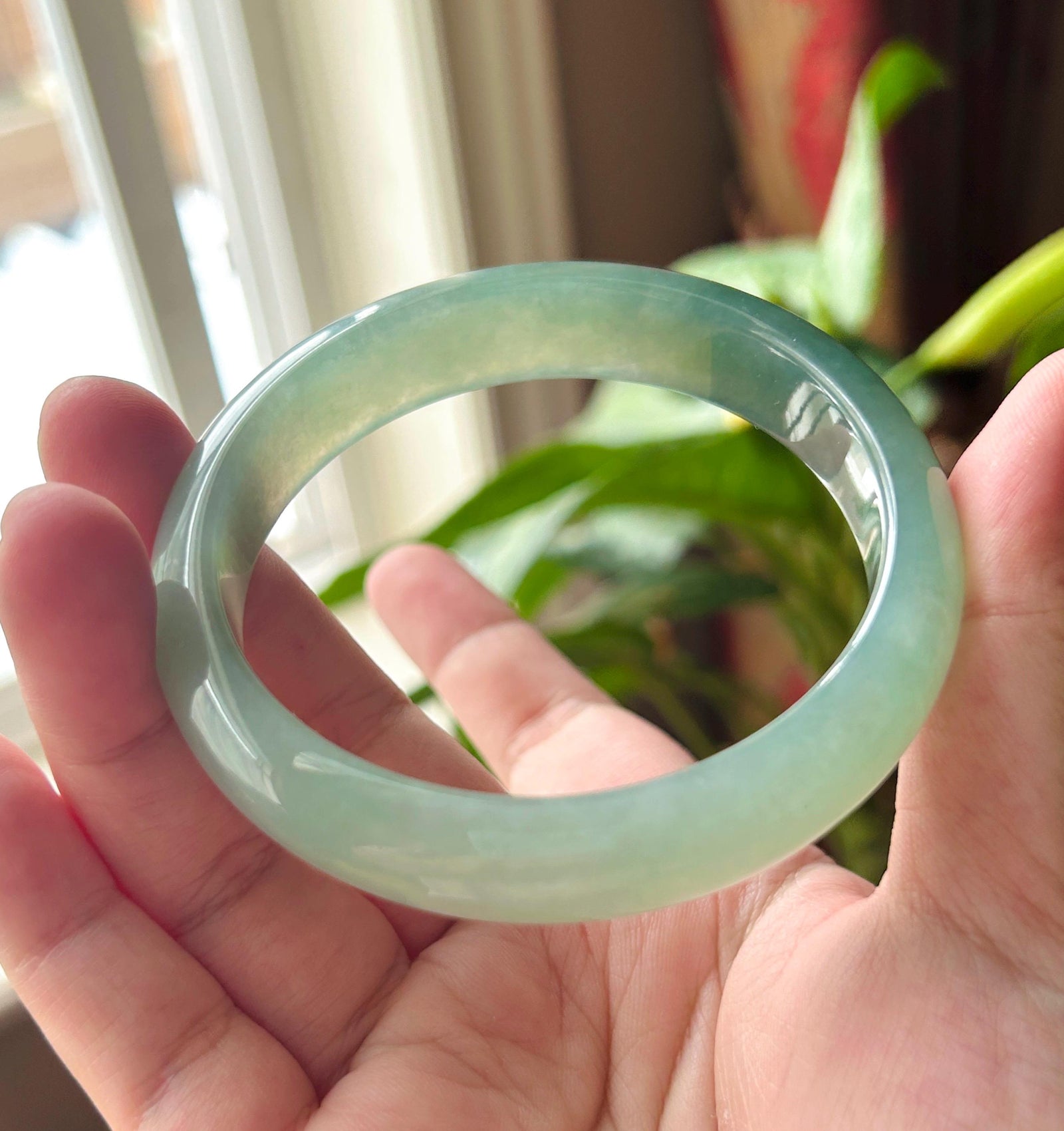 Certified Natural Jadeite Bangle - High-End Burmese Type A Highly Translucent Icy glutinous Bluish Green Jade, Round-D Cut, 62mm