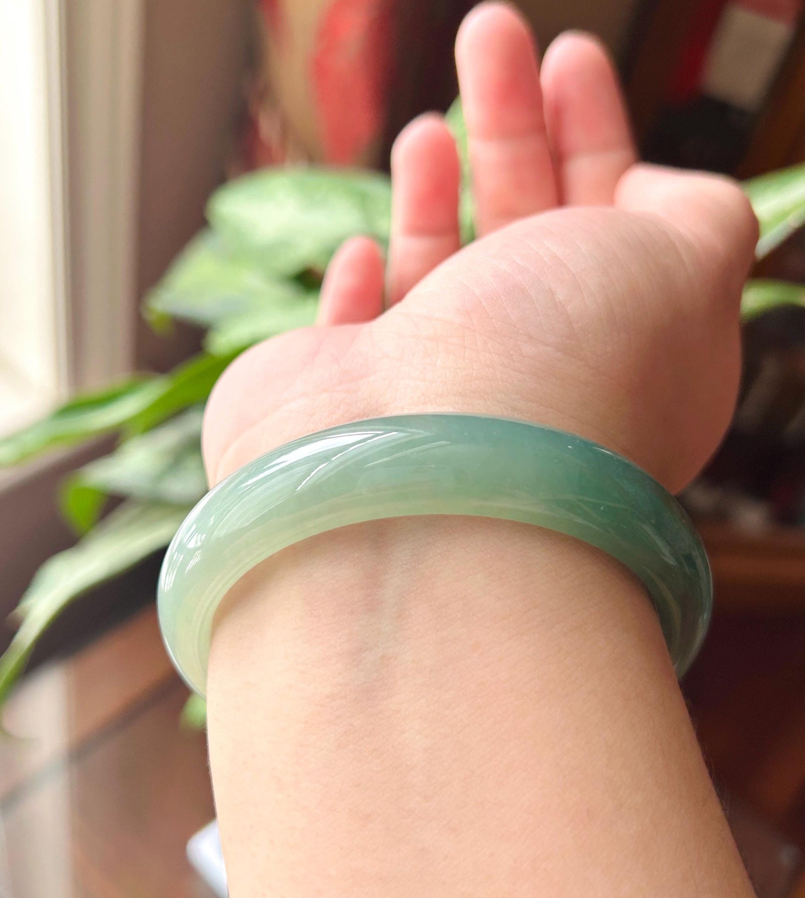 Certified Natural Jadeite Bangle - High-End Burmese Type A Highly Translucent Icy glutinous Bluish Green Jade, Round-D Cut, 62mm