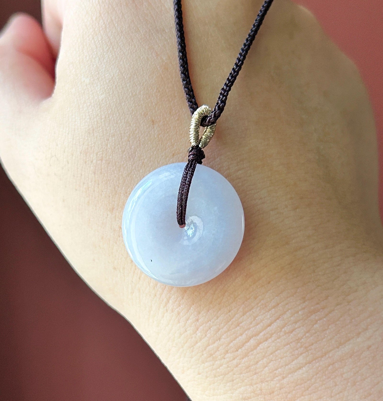 Natural Jadeite Lucky Donut Pendant Handwoven Necklace Burmese Type A Translucent Icy Pale Lavender Jade PingAnKou 25.1 x 5.2mm