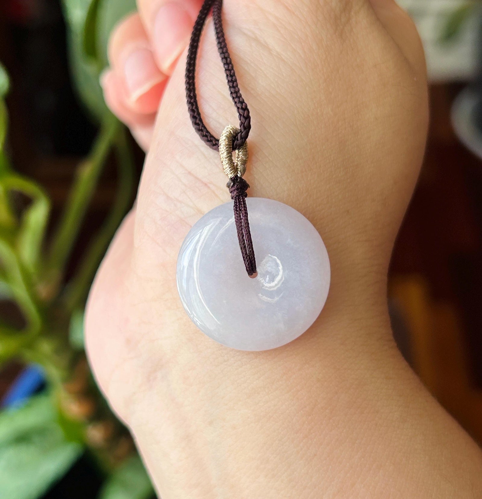 Natural Jadeite Lucky Donut Pendant Handwoven Necklace Burmese Type A Translucent Icy Pale Lavender Jade PingAnKou 25.1 x 5.2mm
