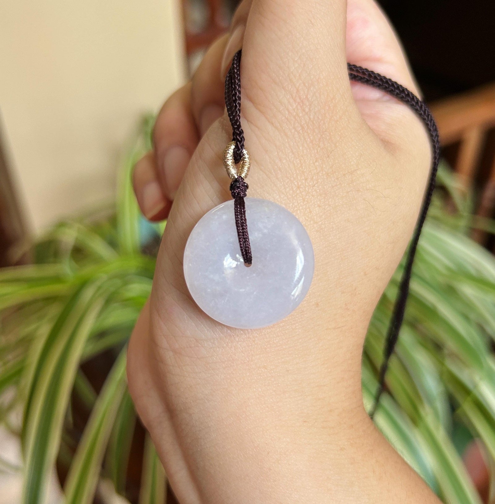 Natural Jadeite Lucky Donut Pendant Handwoven Necklace Burmese Type A Translucent Icy Pale Lavender Jade PingAnKou 25.1 x 5.2mm
