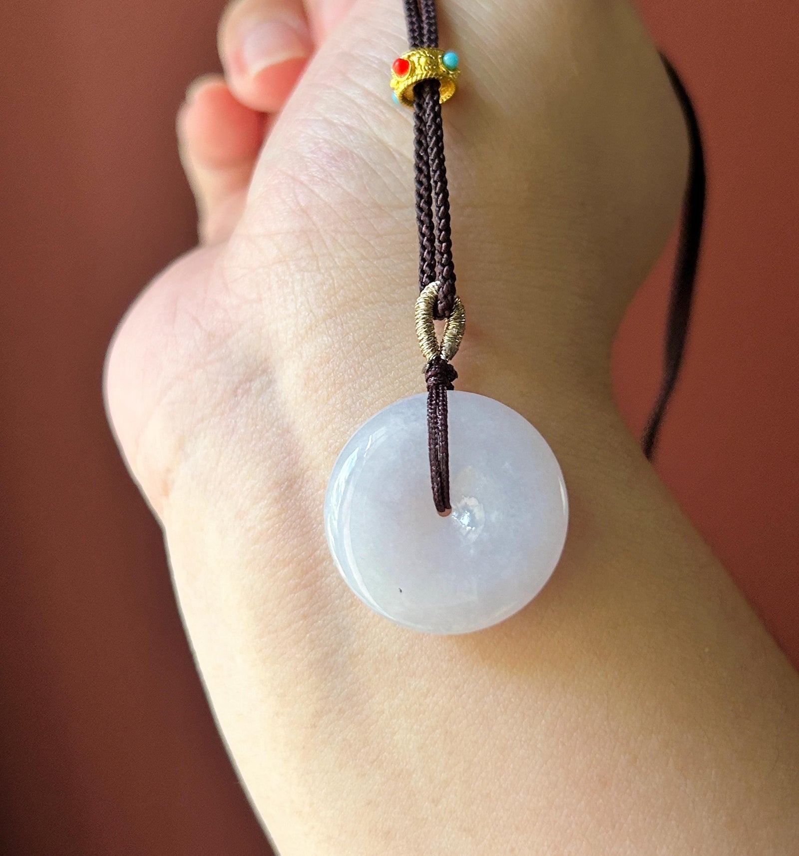Natural Jadeite Lucky Donut Pendant Handwoven Necklace Burmese Type A Translucent Icy Pale Lavender Jade PingAnKou 25.1 x 5.2mm