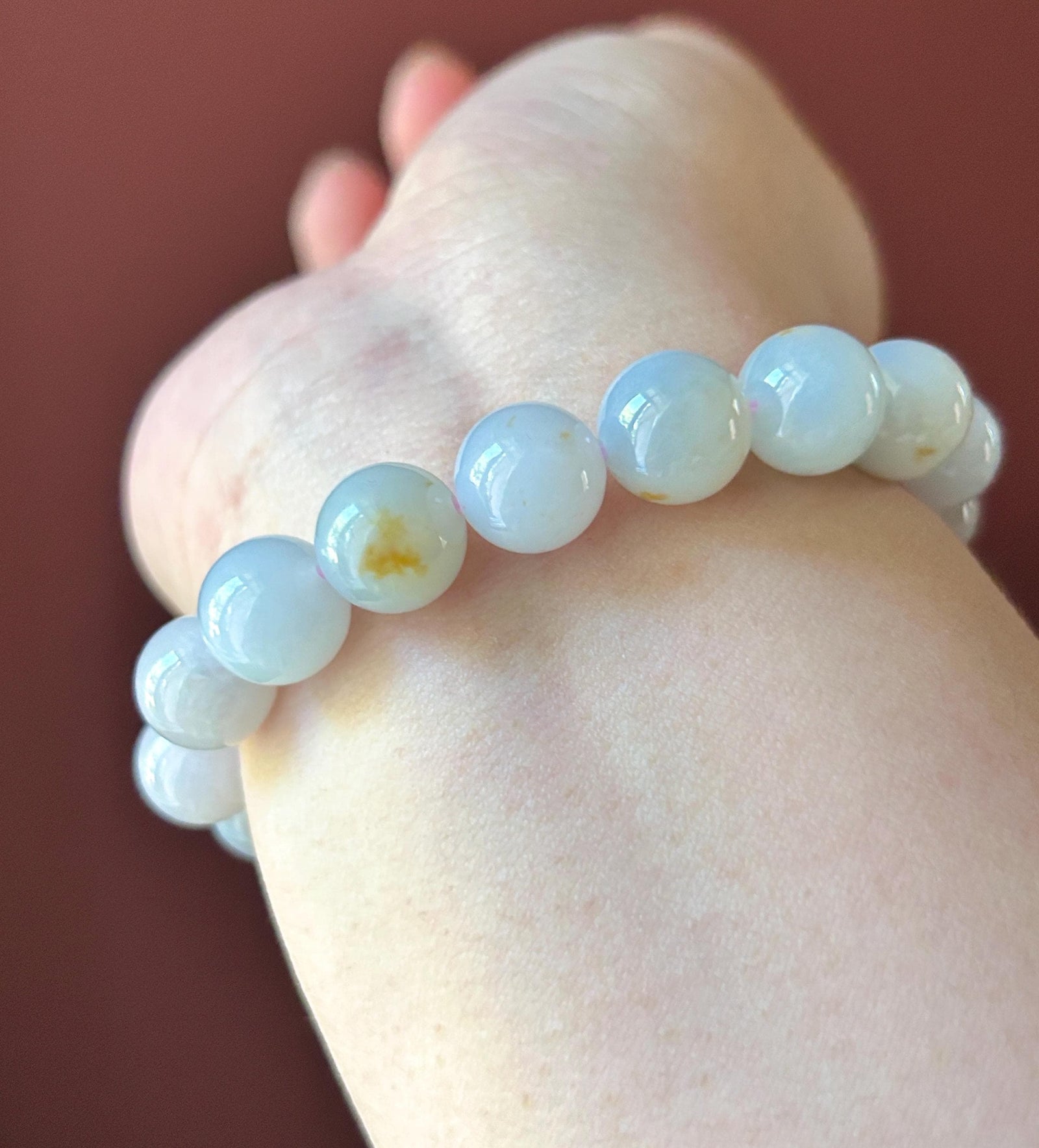 Natural Jadeite Beaded Bracelet Burmese Type A Untreated Icy Glutinous Pale Lavender & Red Floral Jade 11mm Beads