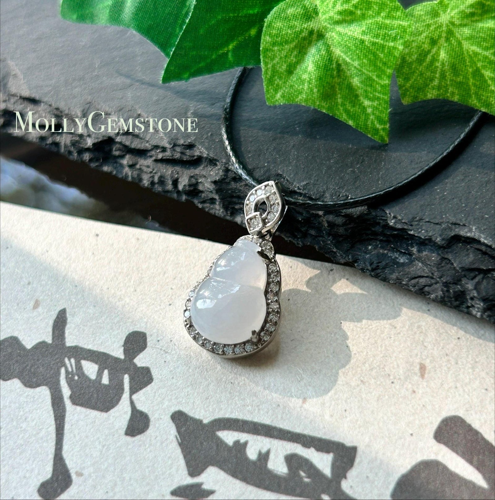 Natural Jadeite Gourd Pendant Minimalist Jewelry Burmese Type A Highly Translucent Icy White Jade Hulu, Sterling Silver