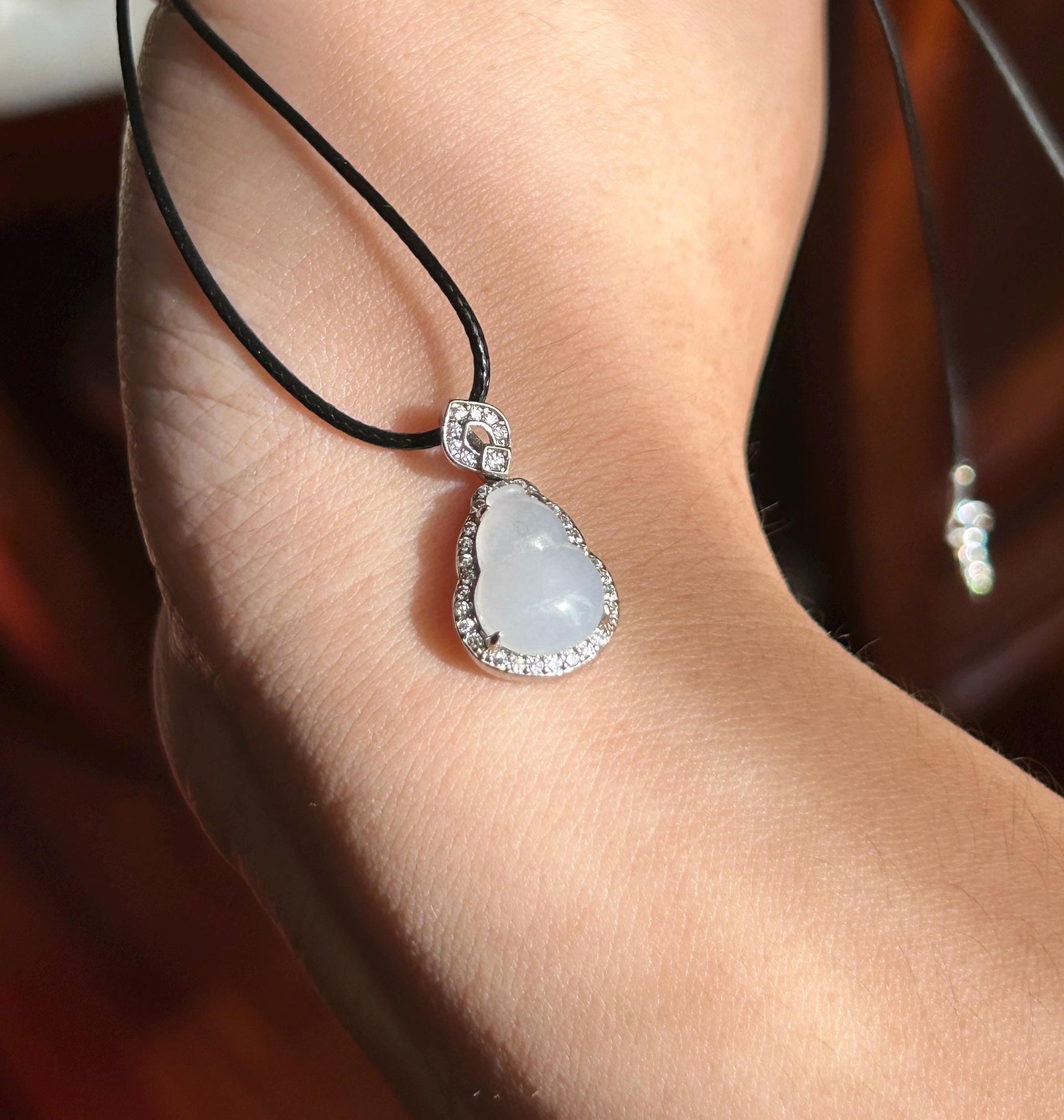 Natural Jadeite Gourd Pendant Minimalist Jewelry Burmese Type A Highly Translucent Icy White Jade Hulu, Sterling Silver