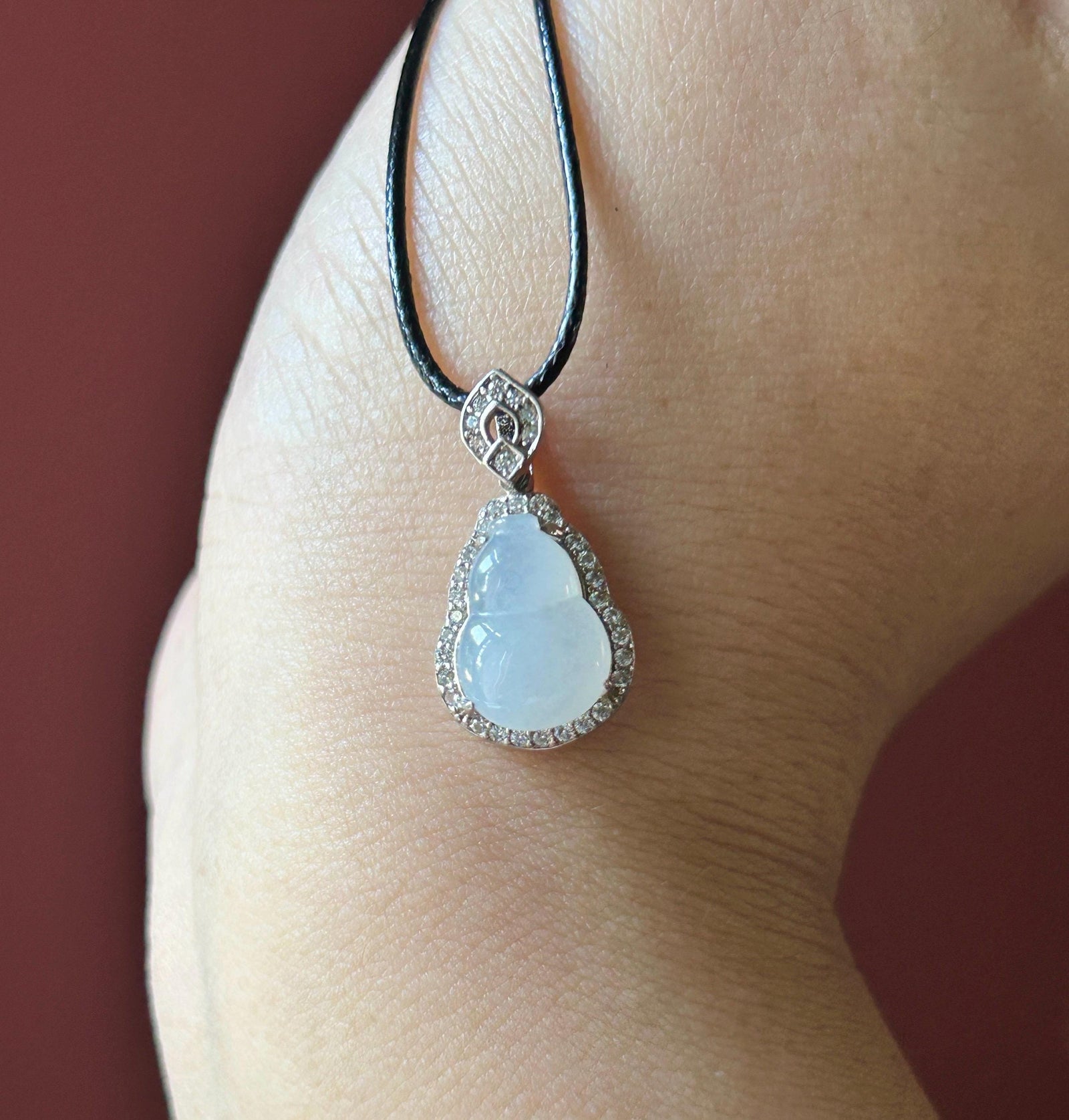 Natural Jadeite Gourd Pendant Minimalist Jewelry Burmese Type A Highly Translucent Icy White Jade Hulu, Sterling Silver