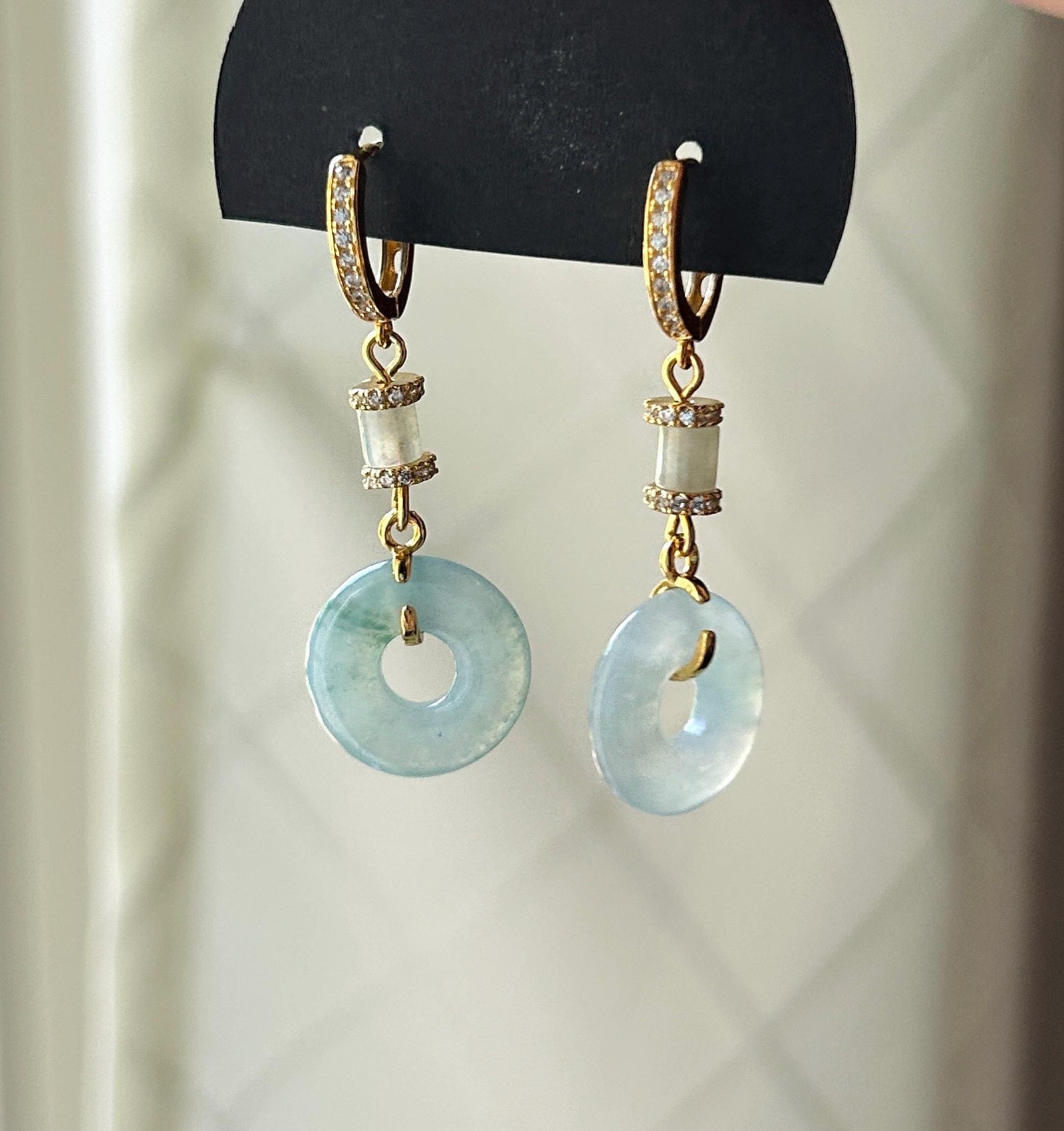 Natural Jadeite Lucky Donut Earrings: Burmese Type A Untreated Icy Glutinous Icy Pale Blue Jade, Sterling Silver, 18k Vermeil