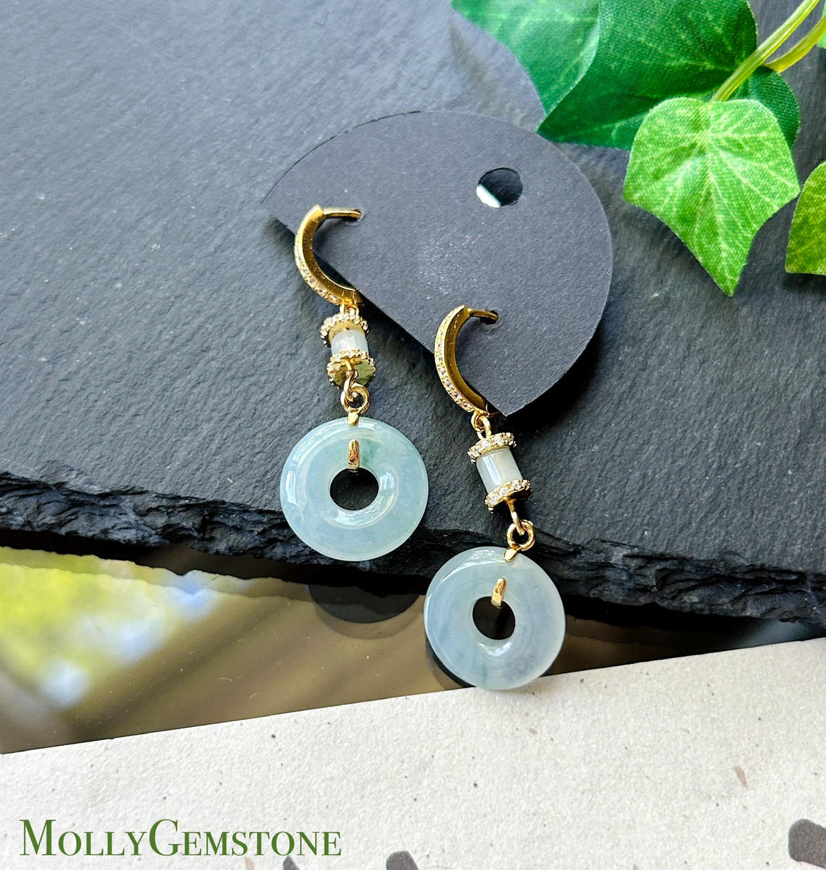 Natural Jadeite Lucky Donut Earrings: Burmese Type A Untreated Icy Glutinous Icy Pale Blue Jade, Sterling Silver, 18k Vermeil